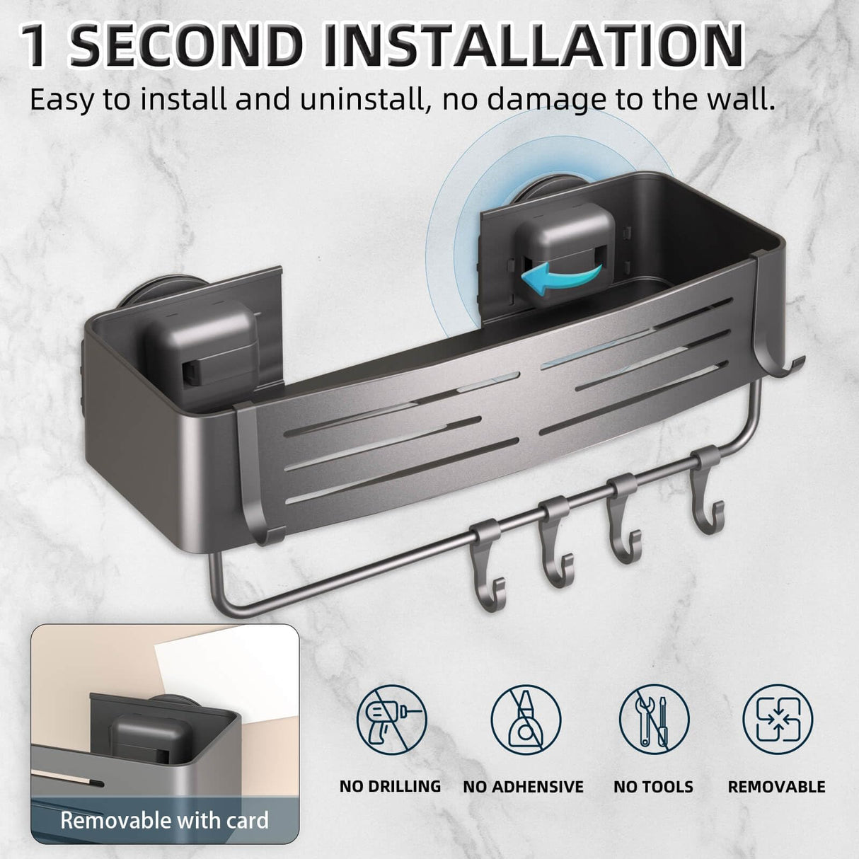 Onemake Shower Caddy Suction Cup, No Drilling Bathroom Shower Shelf, Corner Shower Caddy with 6 Portable Hooks, Removable Bath Organizer with Towel Bar for Bathroom Storage(Gray) Onemake