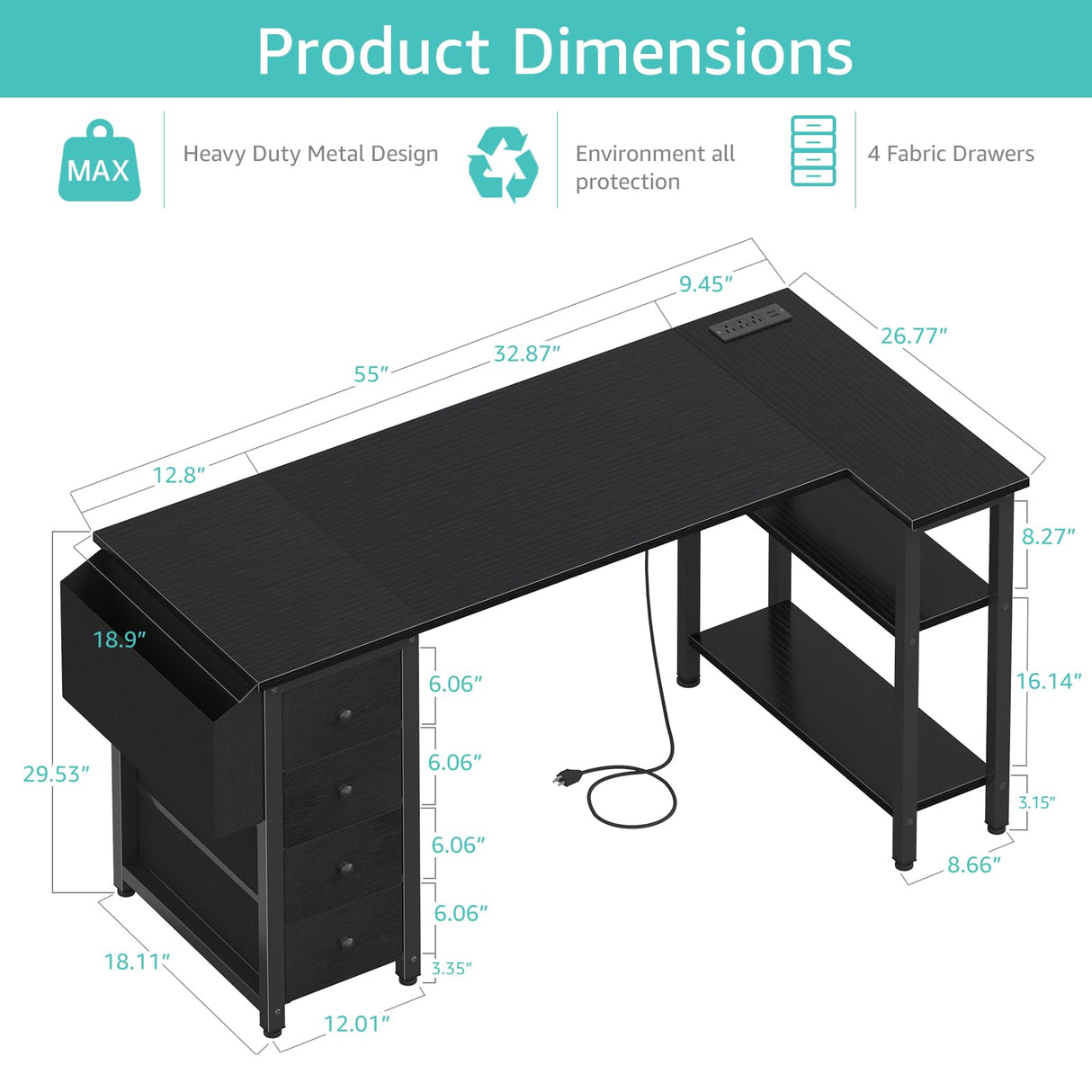 Lufeiya L Shaped Gaming Desk with Drawers & Storage Shelves, 55 Inch Corner Computer Desk with Power Outlet for Home Office Bedroom, L-Shaped Teen PC Desks with Fabric Drawer, Black Lufeiya