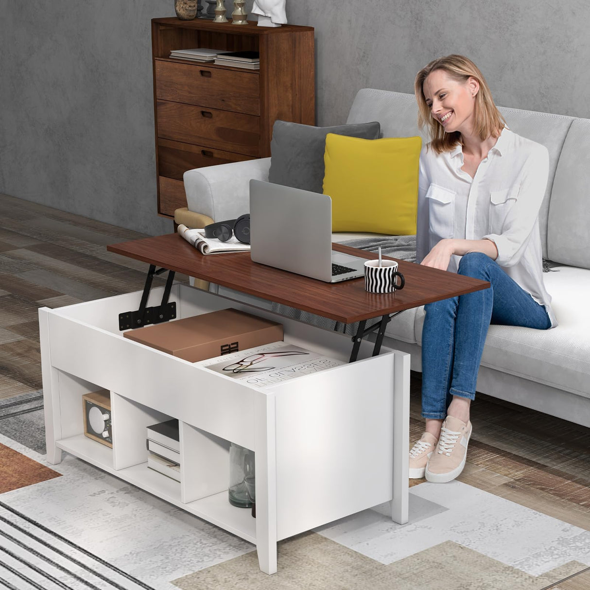 GOFLAME Lift Top Coffee Table, Center Table with Lift Tabletop, Hidden Compartment, 3 Open Shelves, Middle Leg, Anti-Slip Foot Pads, Modern Accent Table for Living Room, Reception Room (White) GOFLAME