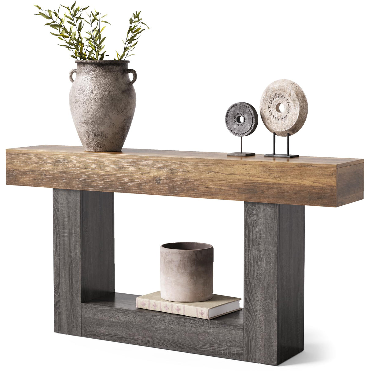 LITTLE TREE 63 Inches Long Console Table, 2-Tier Farmhouse Sofa Table Behind Couch, Large Narrow Entryway Table for Living Room, Wooden Hallway Foyer Table with Heavy Duty Base, Rustic Brown and Grey LITTLE TREE