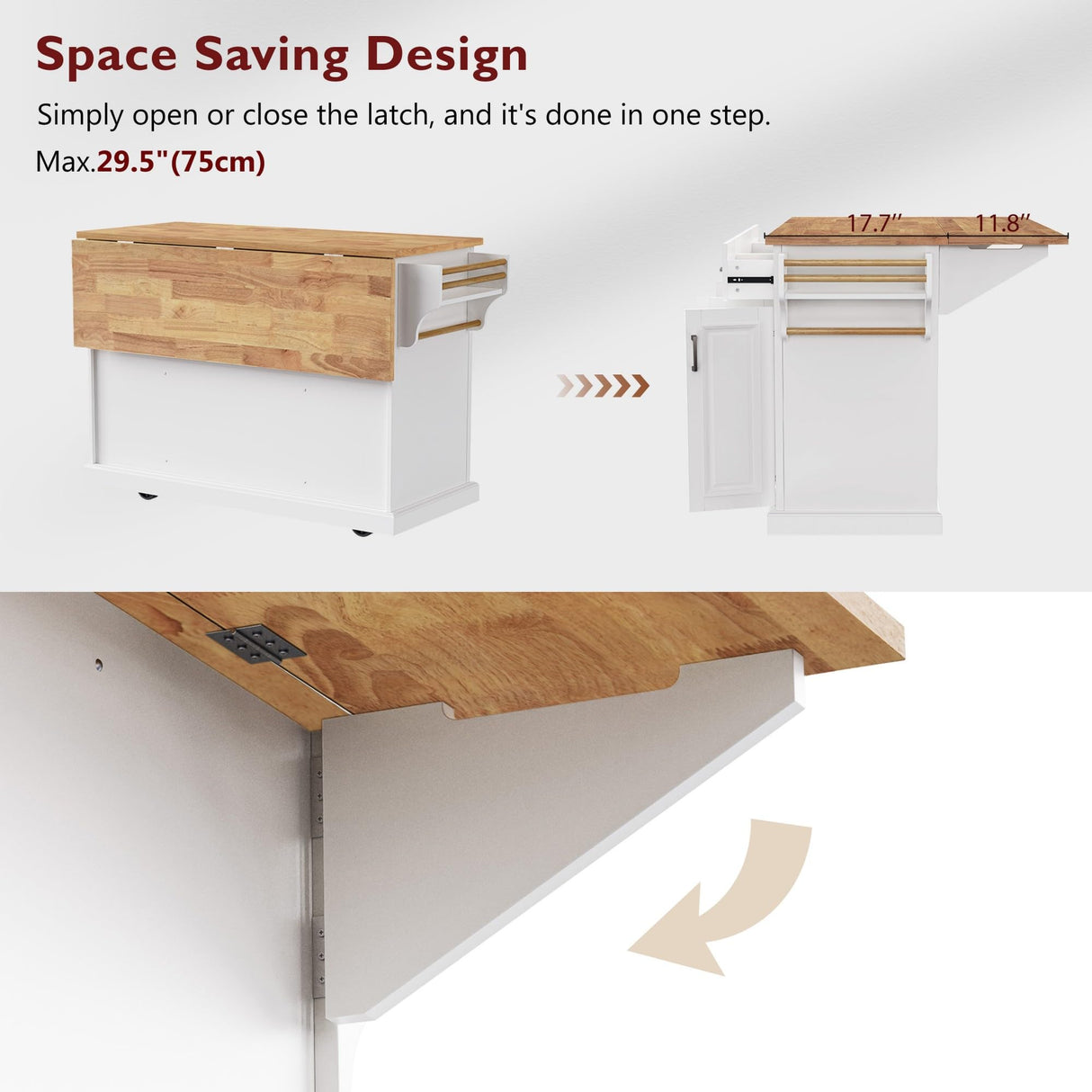 54" Large Kitchen Island with Rubber Wood Drop Leaf, Rolling Kitchen Cart with Ample Storage on 4 Wheels with 4 Doors and 3 Drawers, Moveable Island Table with Embossed Texture for Dining Room MEETFAV