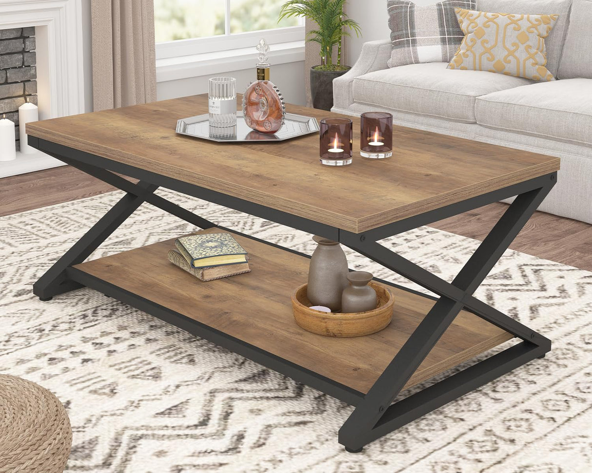 HSH Rustic Farmhouse Coffee Table, Modern Minimalist Wood and Metal Living Room Table, 2 Tie Rectangle Center Table with Storage & Display Shelf, Simple Office Cocktail Tea Table, Rustic Oak, 39 Inch HSH