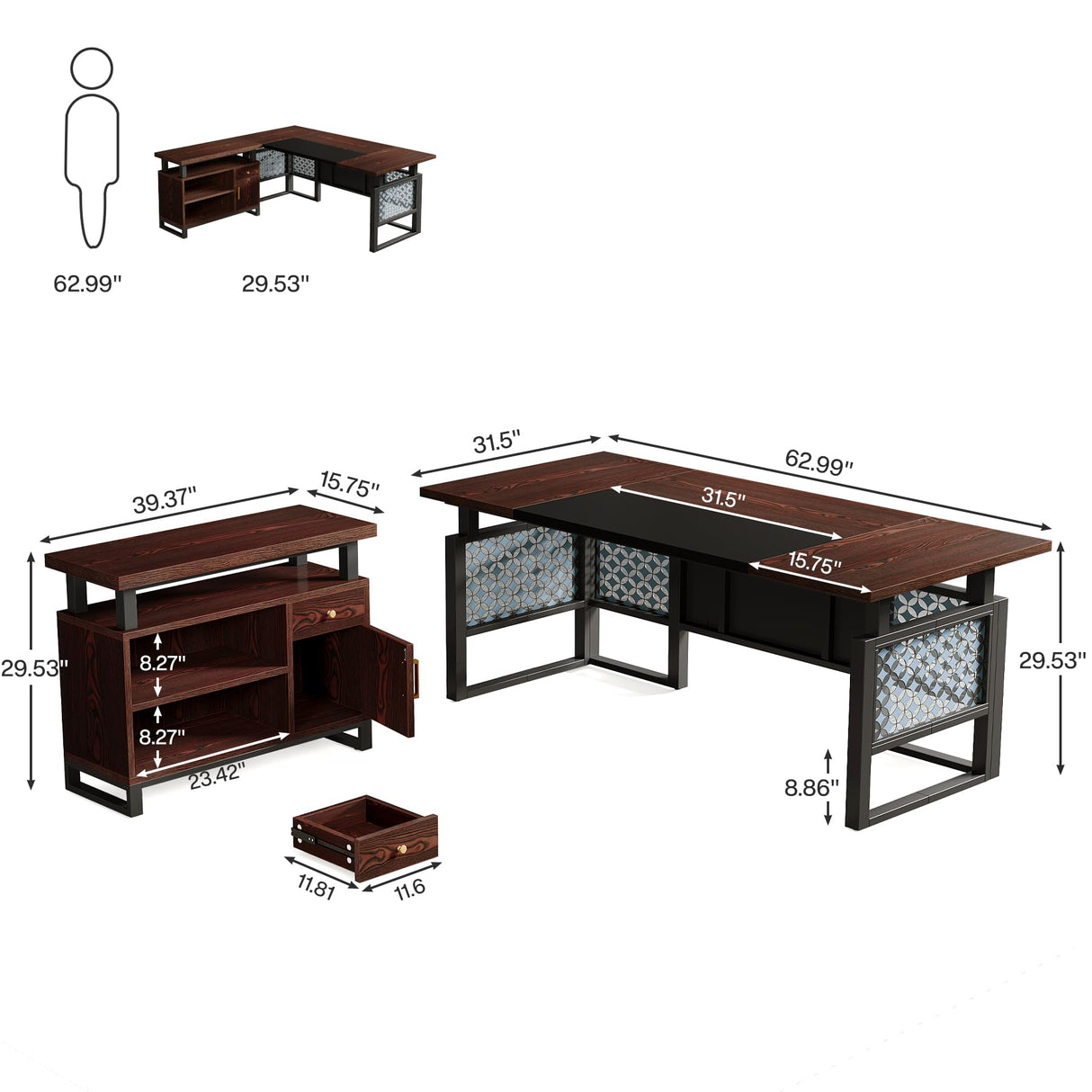 Tribesigns L-Shaped Desk with File Cabinet: 63" Modern Executive Computer Desk with Storage Cabinet and Shelves, Wood Home Office Desk Set, Large Desk Business Furniture Workstation Tribesigns