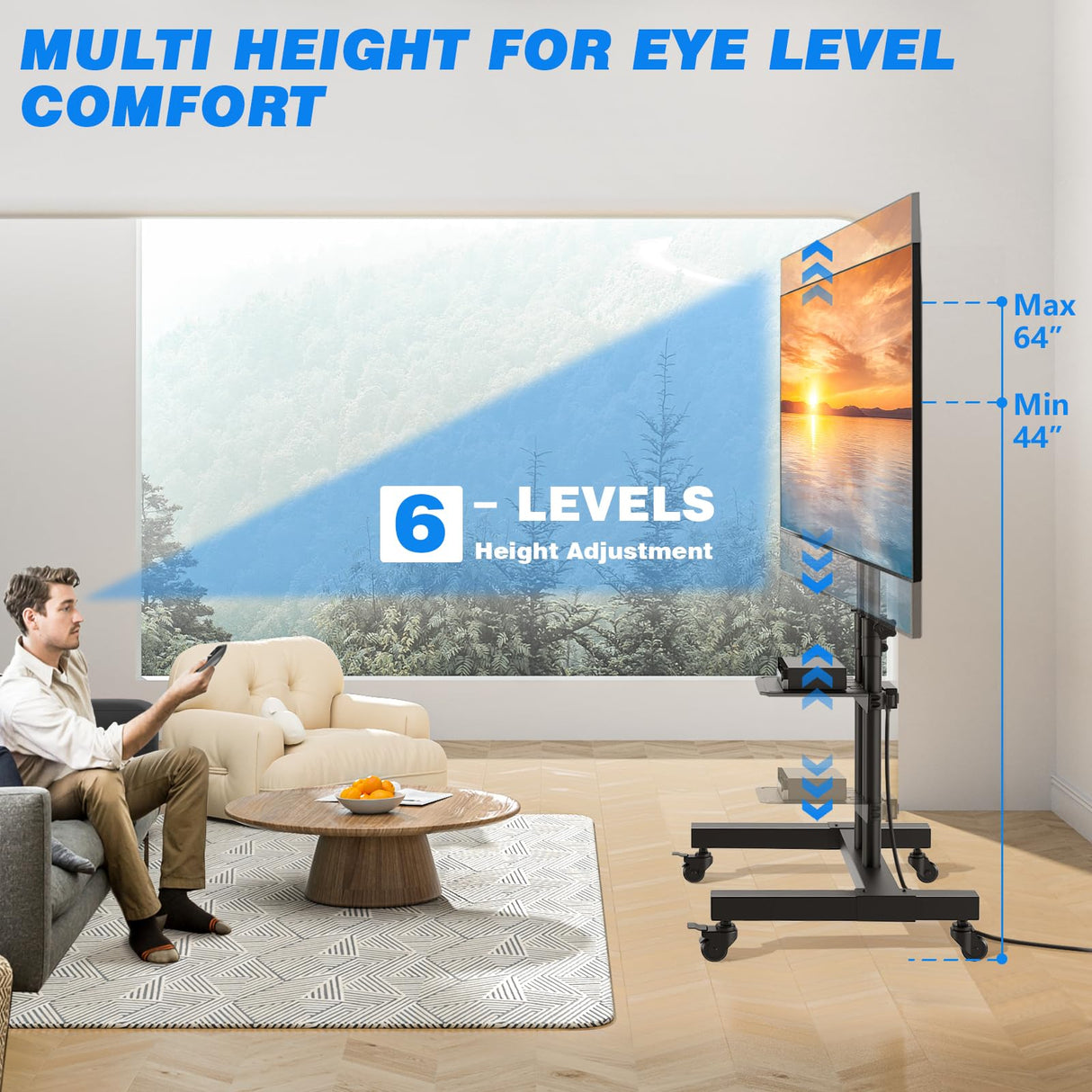 Rfiver Upgraded Rolling TV Stand with Power Outlet for 32-83 Inch TVs, Heavy Duty Mobile TV Cart on Wheel up to 110 lbs, Height Adjustable Portable TV Stand with Shelf for Bedroom, Living Room, Office Rfiver