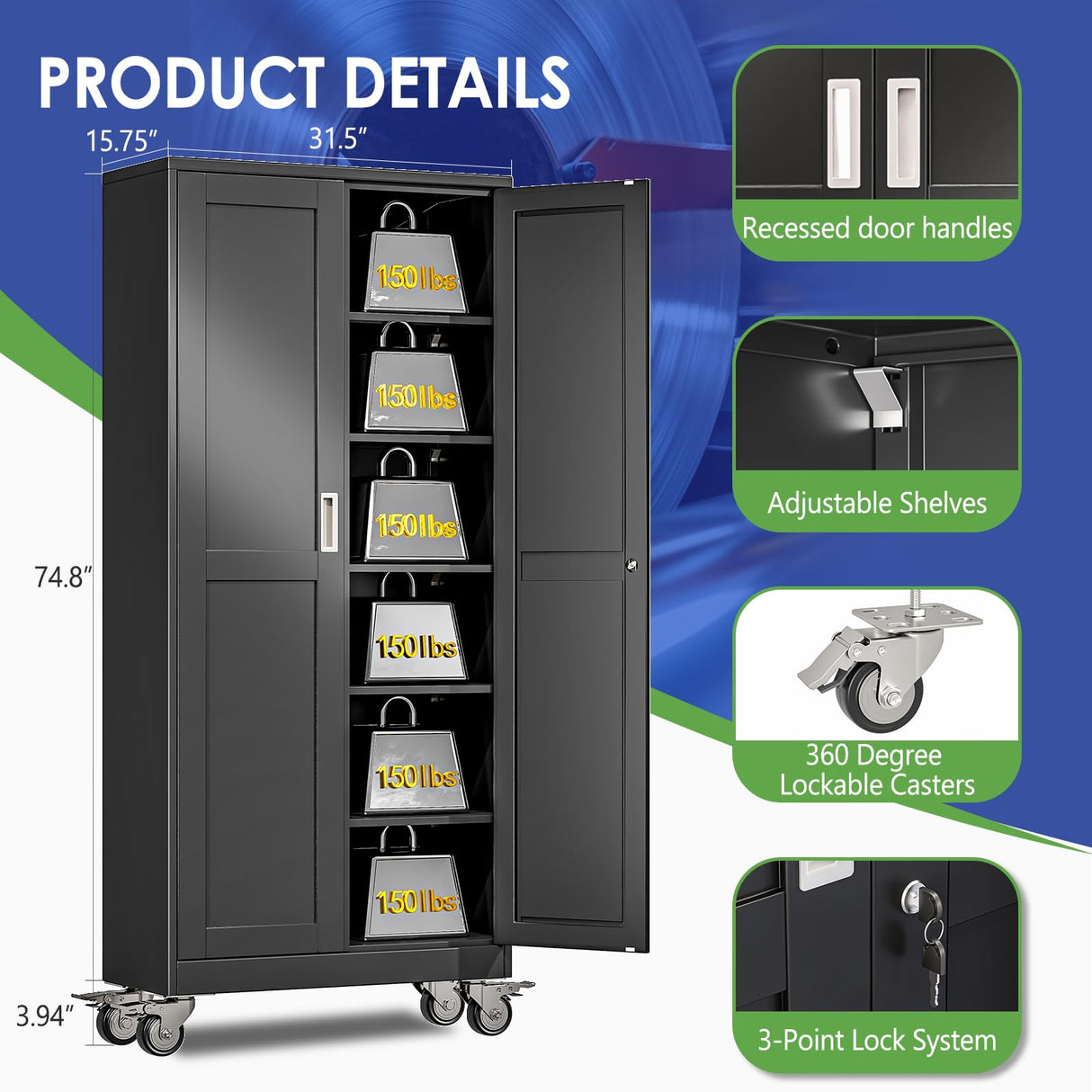 AUEYTVR 75" Tall Metal Garage Storage Cabinet with Wheels and Locking Doors and Tall Rolling Steel Tool Cabinet with 5 Adjustable Shelves for Garage,Home,Office,Shop (Black) AUEYTVR