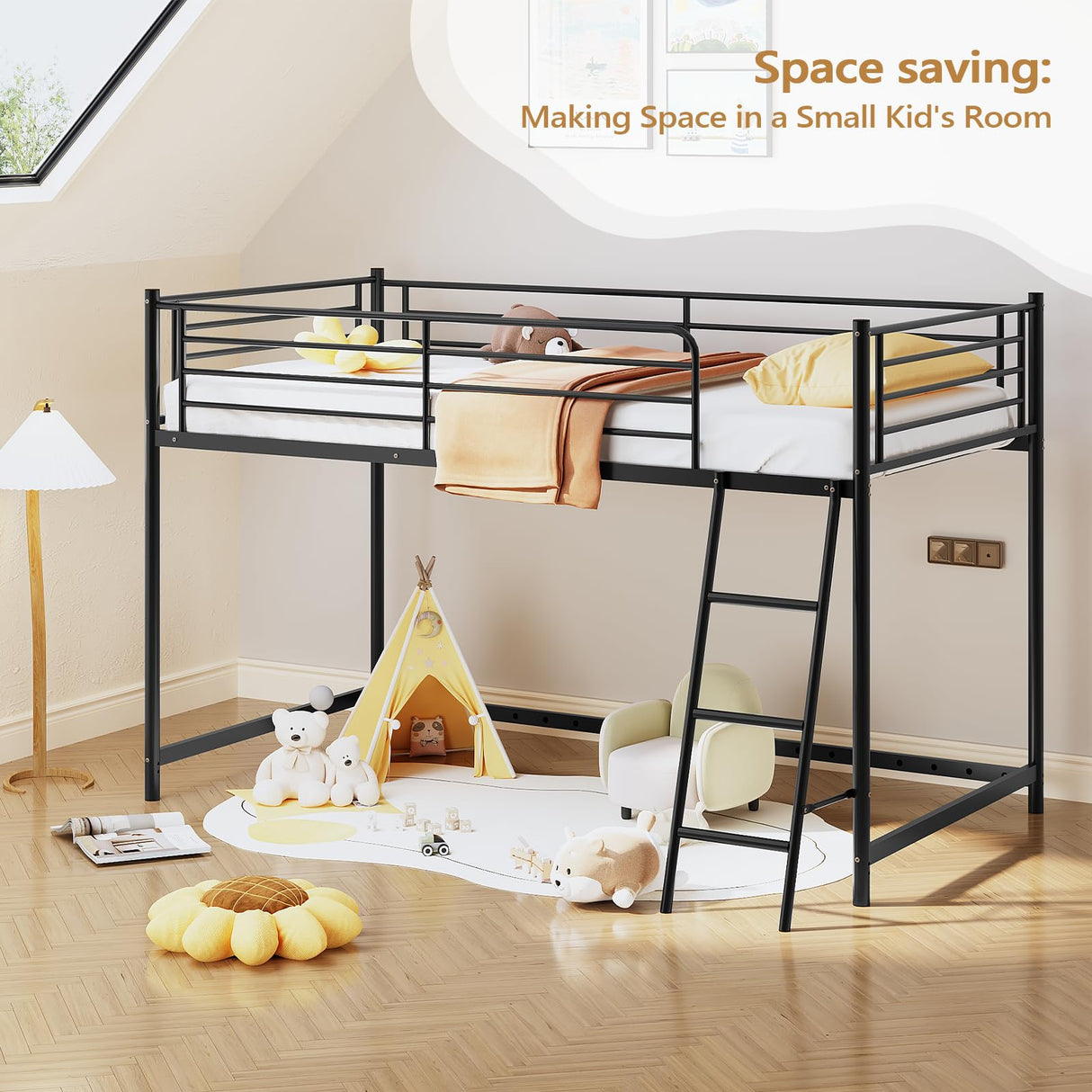 JOYMOR Low Loft Bed with Inclined Ladder, Metal Twin Size Bed Frame with 15” High Guardrail for Boys Girls, Junior, Space Saving, Mattress Not Included (Black) JOYMOR