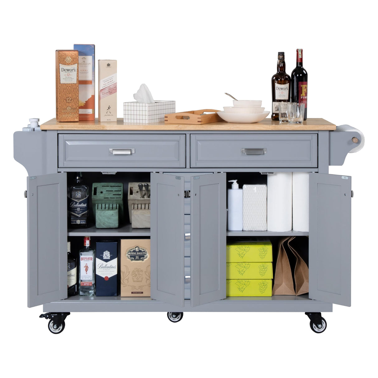 Generic 60.5"" Kitchen Island on Wheels, Rolling Island Table for Kitchen with Double Storage Cabinet and 5 Drawers, Portable Kitchen Cart with Rubber Wood Top, Grey, Large Generic