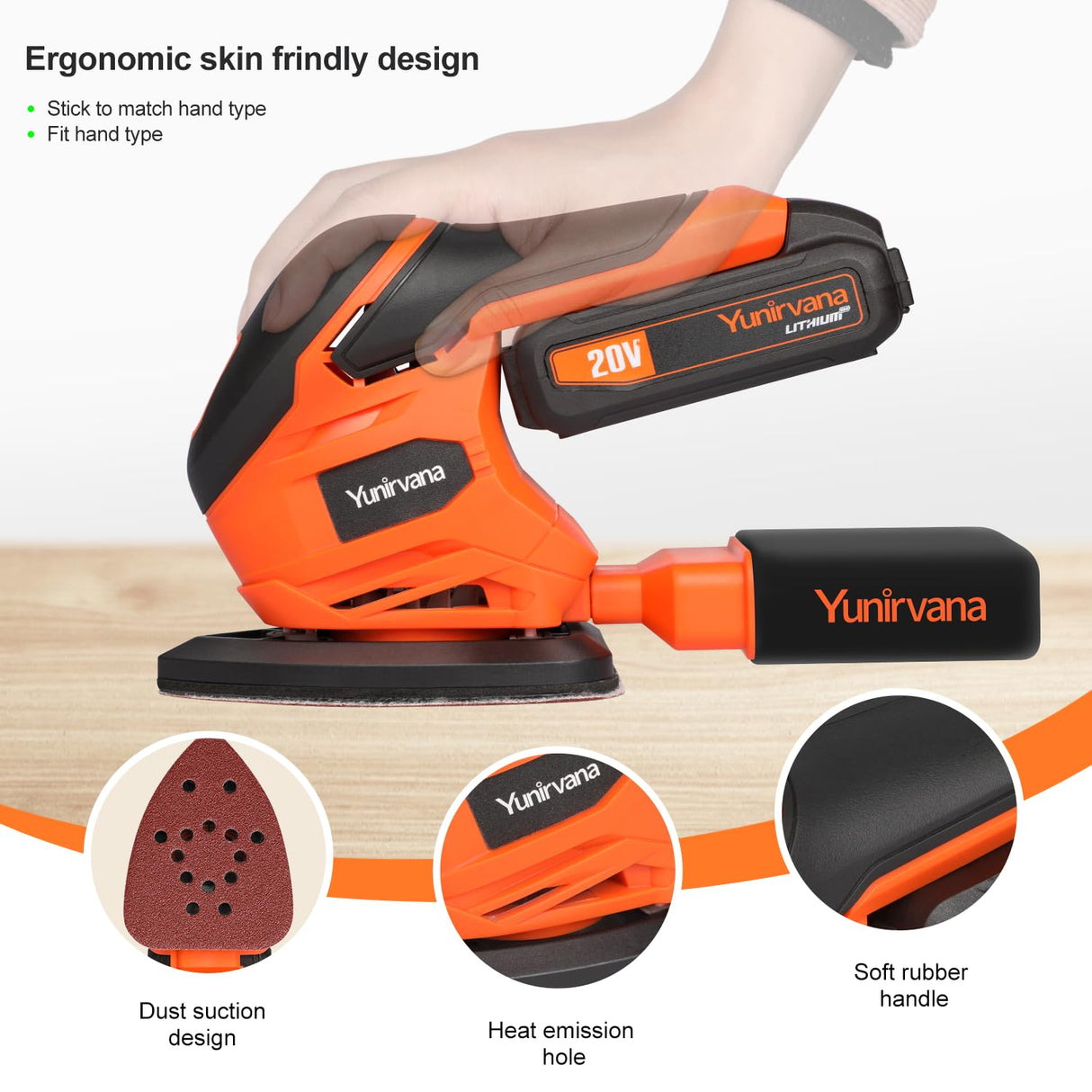 Yunirvana 20V Cordless Sander, Detail Sanders, 20Pcs Sandpapers,12000 RPM Sanders with Dust Collection System for Tight Spaces Sanding in Home Decoration, Battery and Charger Included Yunirvana