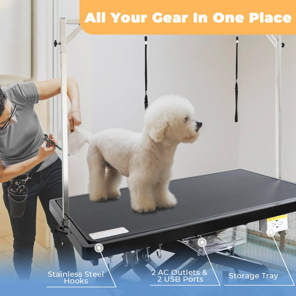 UDSONFY Electric Pet Dog Grooming Table, 50" Heavy Duty Grooming Table Professional Double X-Lift for Large Dogs Adjustable Height: 12"-45.8" Non-slip, AC Outlets, Storage Tray, 2 Nooses, Black UDSONFY