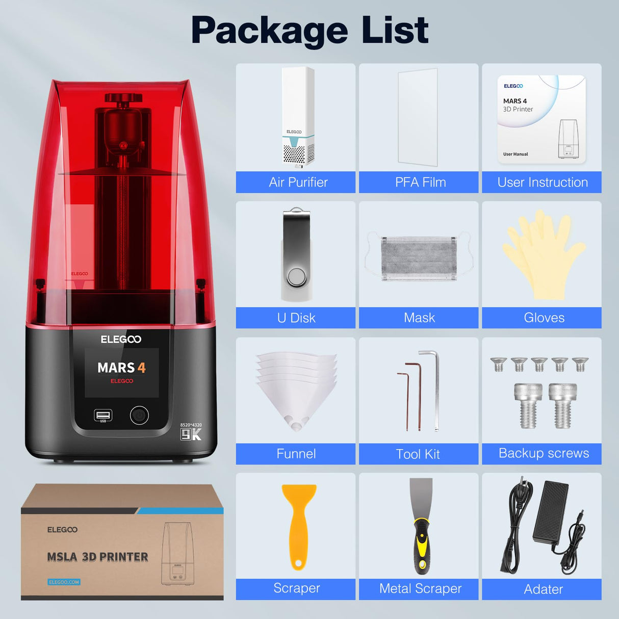 ELEGOO Mars 4 Resin 3D Printer with 7" 9K Monochrome LCD Screen COB UV Light Source and Screen Protector Printing Size 153.36mm*77.76mm*175mm ELEGOO