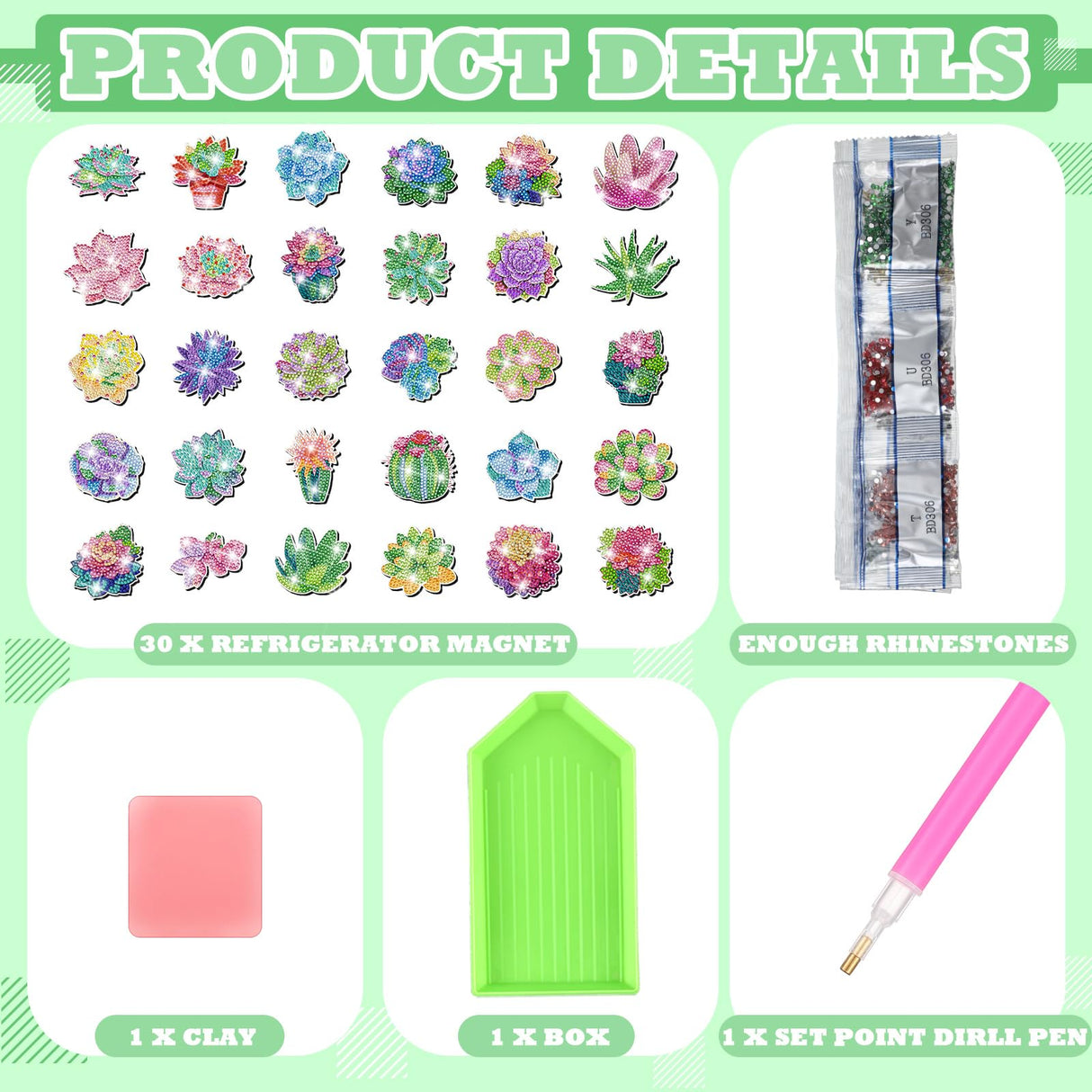 Remuuly 30 Pcs Diamond Painting Magnets Summer Diamond Art Magnet Kits for Adults Spring Flower Animal Cupcake 5D Rhinestones Refrigerator Magnetic Stickers for Fridge DIY Crafts Gifts(Succulents) Remuuly