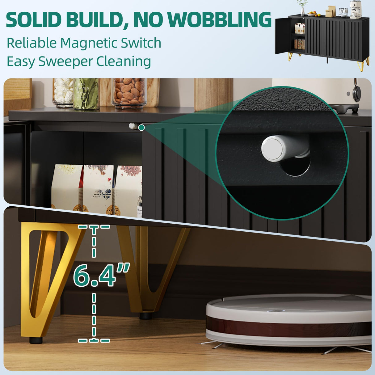 YITAHOME 55" Sideboard Buffet, Modern Buffet Cabinet Storage Cabinet with Doors, Metal Accent Console Credenzat with Adjustable Shelves for Hallway, Entryway, Kitchen or Living Room, Black YITAHOME