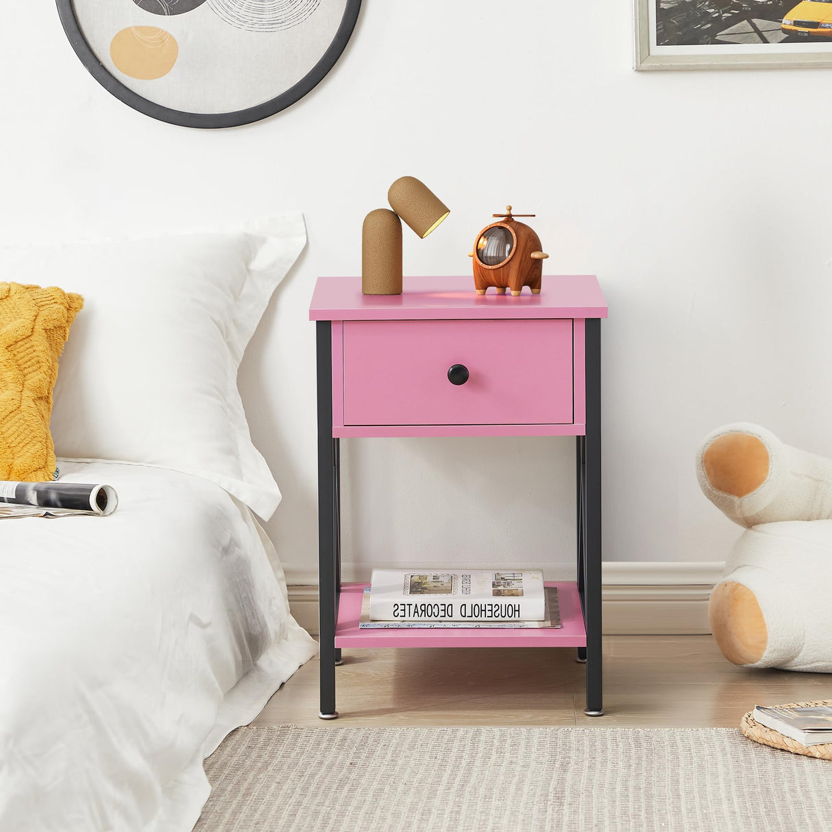 VECELO Nightstands Set of 2, Modern Bedside End Tables, Night Stands with Drawer and Storage Shelf for Living Room Bedroom, Industrial Metal Frame VECELO