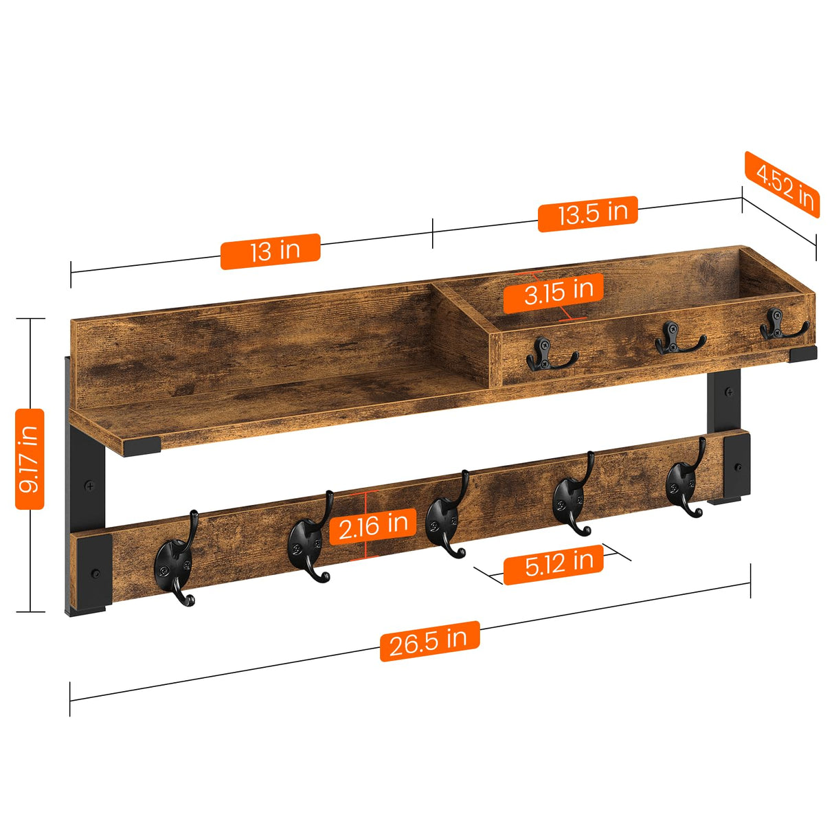 Homode Coat Rack with Shelf, Wall Shelf with Hooks, 26 Inch Long Coat Hanger Wall Mount with Key and Mail Holder, Wood Entryway Shelves for Hanging Hat Jacket Backpack Purse, Rustic Brown Black Homode