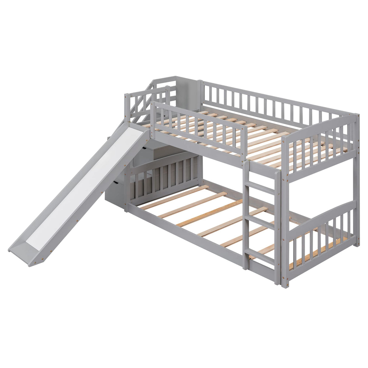 Ball & Cast Twin Over Twin Size Bunk Bed with Two Drawers and Slide,Wood Bunkbed w/Full-Length Guardrails & Storage Convertible Ladder,Space Saving,Slat Support,Bedframe for Child's BedroomGray Ball & Cast