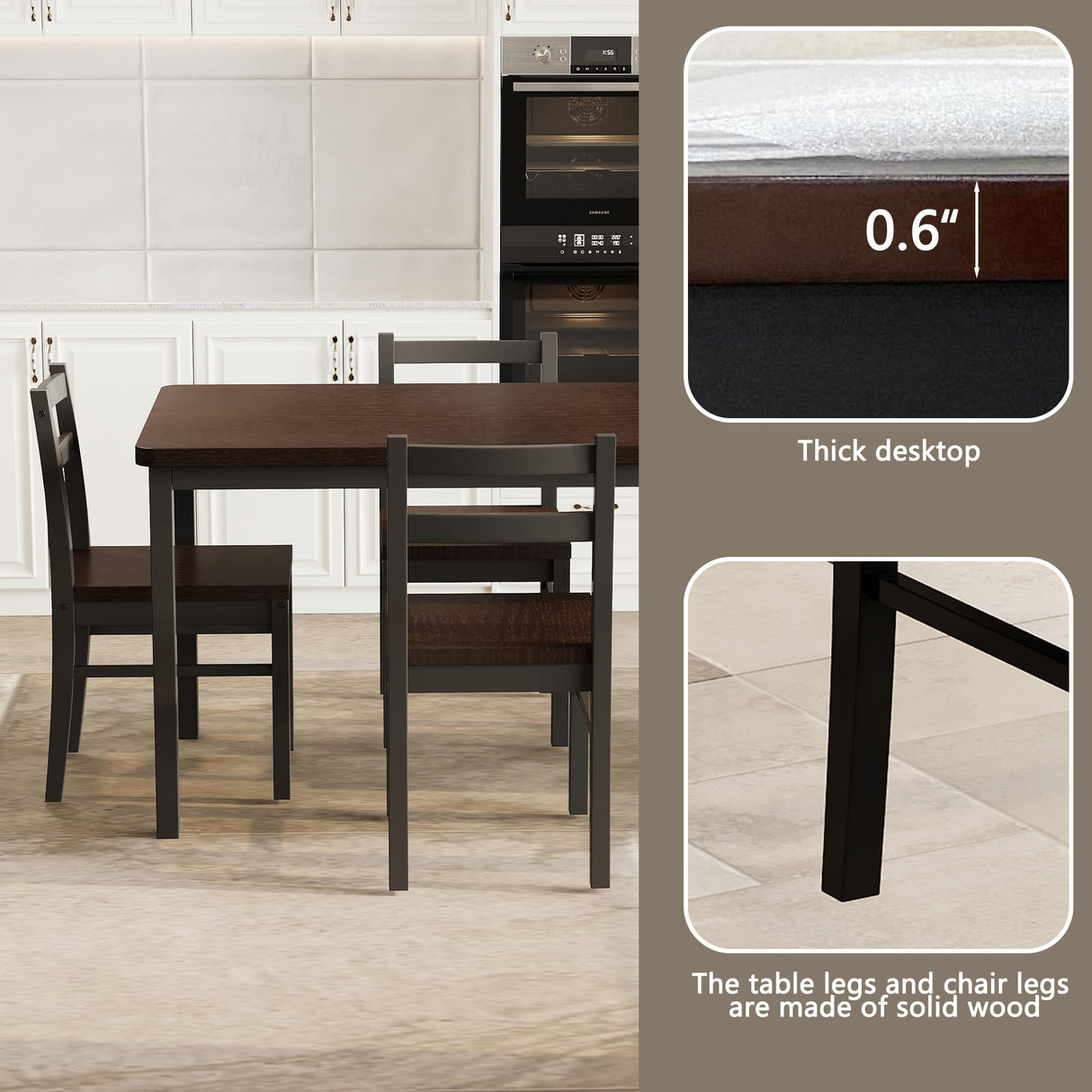 Orweiin Solid Wood Dining Table Set for 4, Farmhouse Rectangular Table and 4 Chairs Set for Kitchen, Living Room, Dining Room, Breakfast Nook, Brown+Black Orweiin