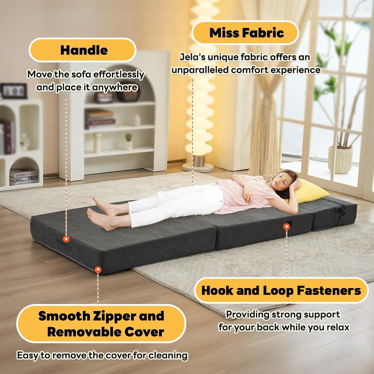 jela Sofa Bed Foldable Mattress Luxury Miss Fabric, Folding Sleeper Sofa Chair Bed Floor Mattress Floor Couch, Fold Out Couch Futon Mattress for Guest Room, Living Room (83"x33",Dark Gray) jela