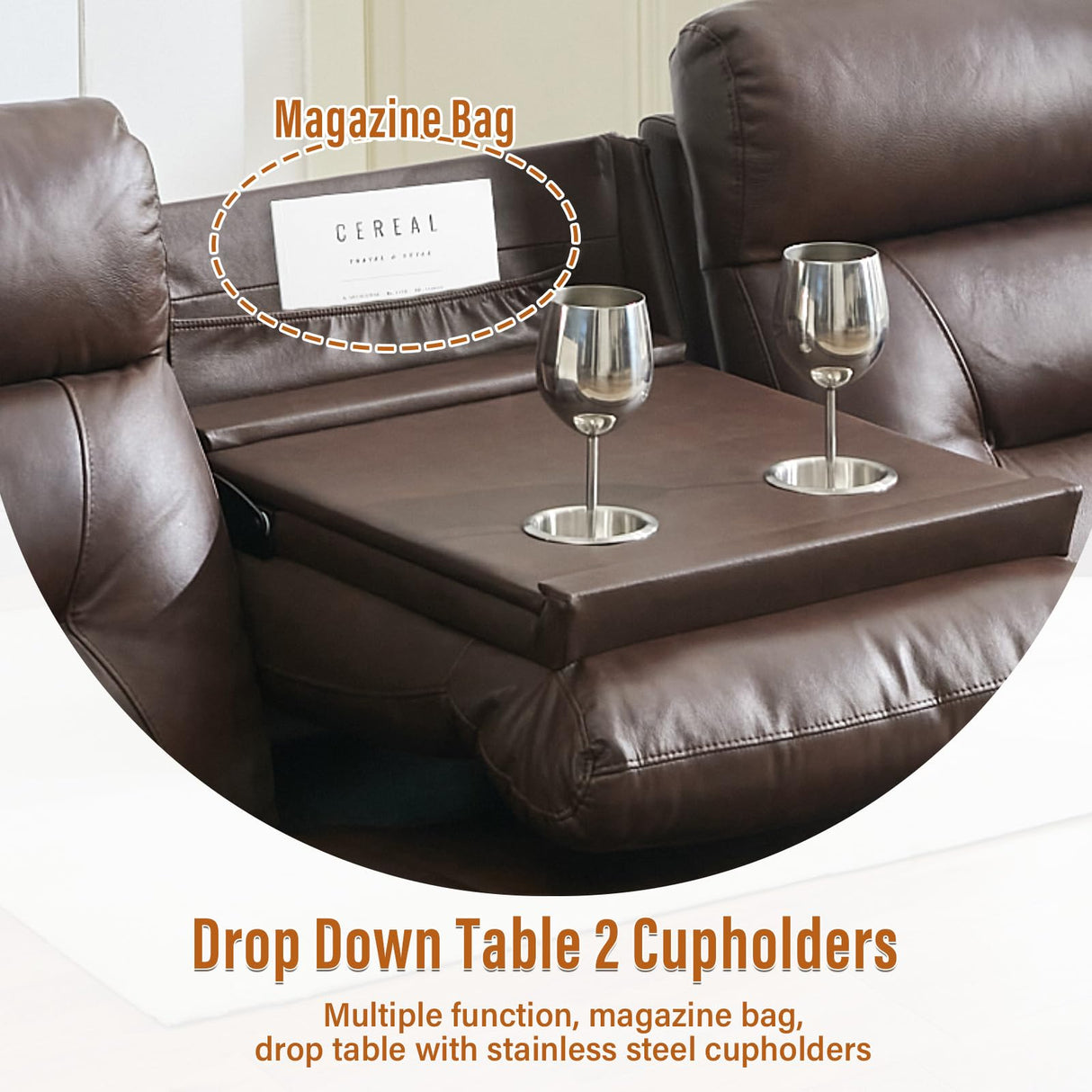 Msutree Genuine Leather Manual Reclining Sofa with Console, Oversized 3 Seater Reclining Chair, Top Grain Leather Recliner Sofa, Modern Couch for Living Room, with Drop-Down Table, Cupholders, Brown Msutree