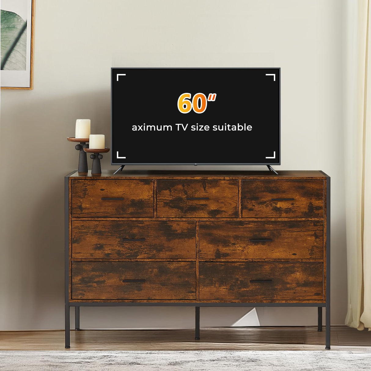 Lyromix Wood Rustic Dresser with 7 Drawers, Wide 48'' Brown TV Stand for Bedroom, Modern Storage Dresser Organizer for Bedroom Living Room, 48.5"x15.7"x31" Lyromix