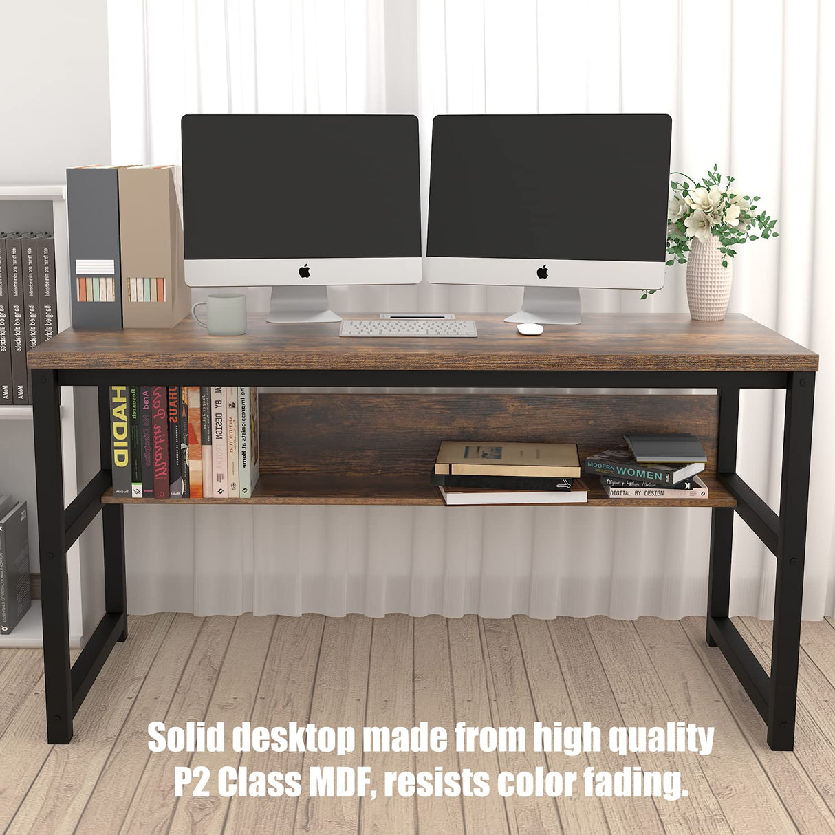 TOPSKY Rustic Brown Computer Desk with Bookshelf and Metal Cable Grommet - 55" Thick & Sturdy Design TOPSKY