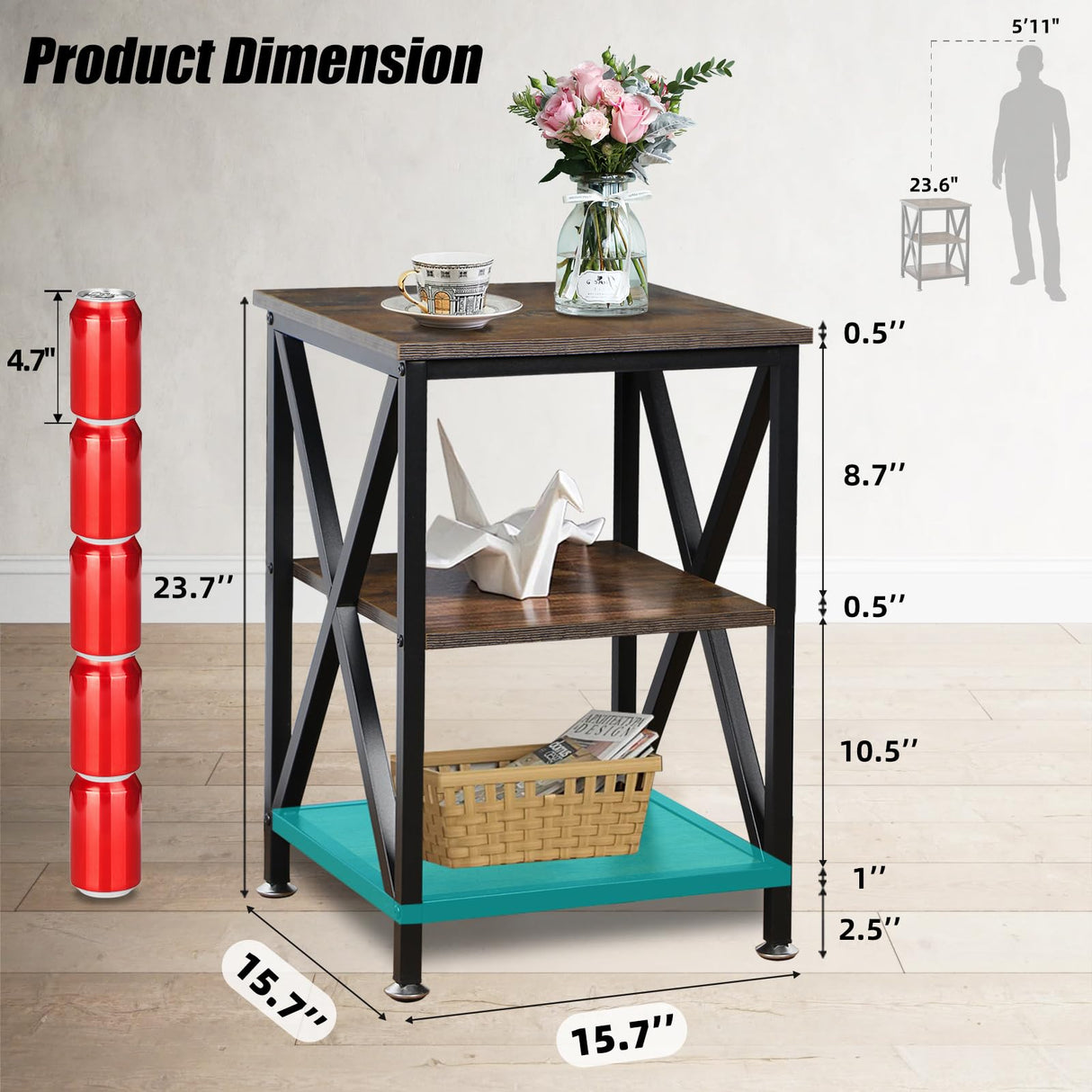 End Tables Living Room Set of 2, 16" D x 16" W x 24" H, Indoor End Tables Living Room with Storage Shelf, Square End Table Set of 2, X-Shaped Night Stands for Bedroom, Farmhouse Wood Side Tables TooCust