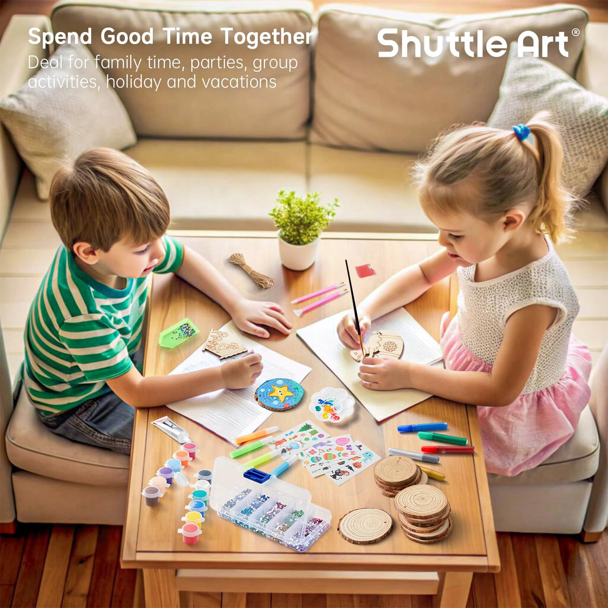 Kids Wood Painting Craft Kit, Glow-in-the-Dark Paint and Diamond Painting on Wood Slices with Stickers & Wiggle Eyes, Ideal Arts and Crafts for Kids Ages 5-12, Gifts for Halloween, Christmas, Birthday Shuttle Art