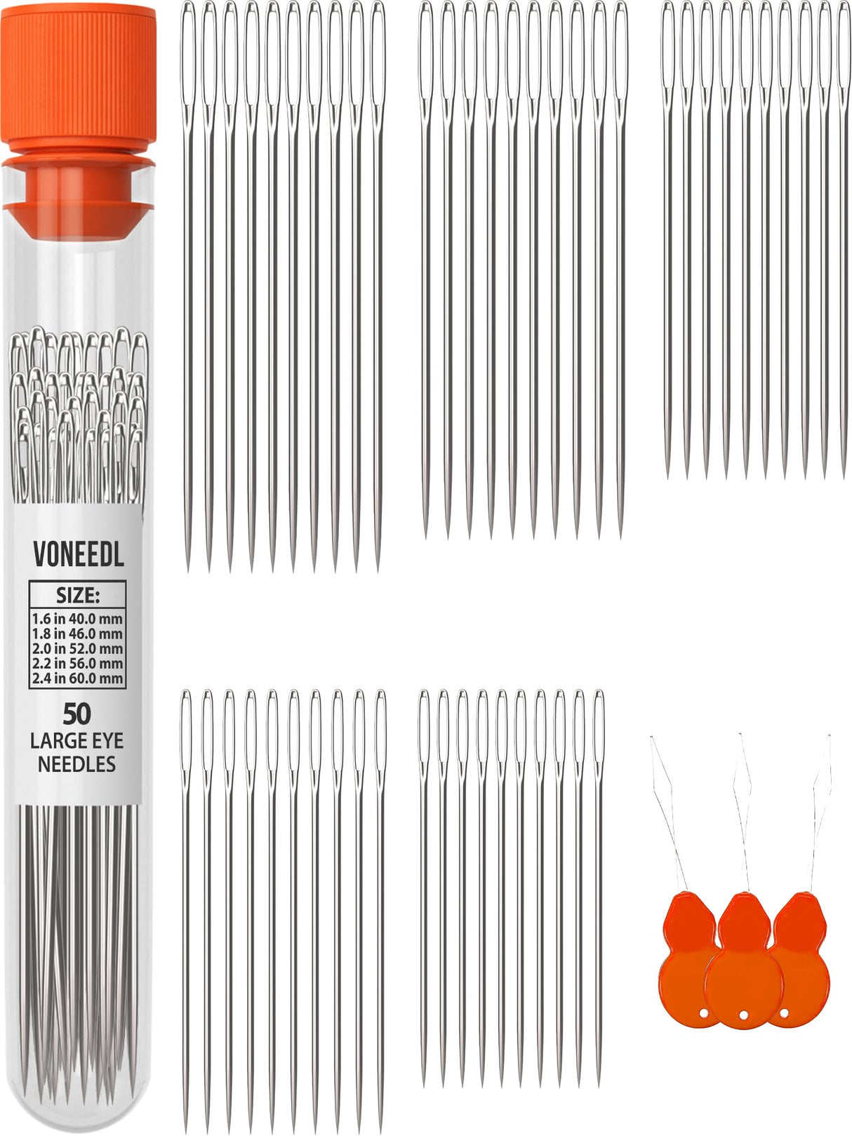 VONEEDL 50 Large Eye Heavy Duty Needles - 5 Sizes Easy to Thread Sharp Point Needles Perfect for Hand Sewing, Knitting, Crewel Darning, Crafting, and DIY VONEEDL