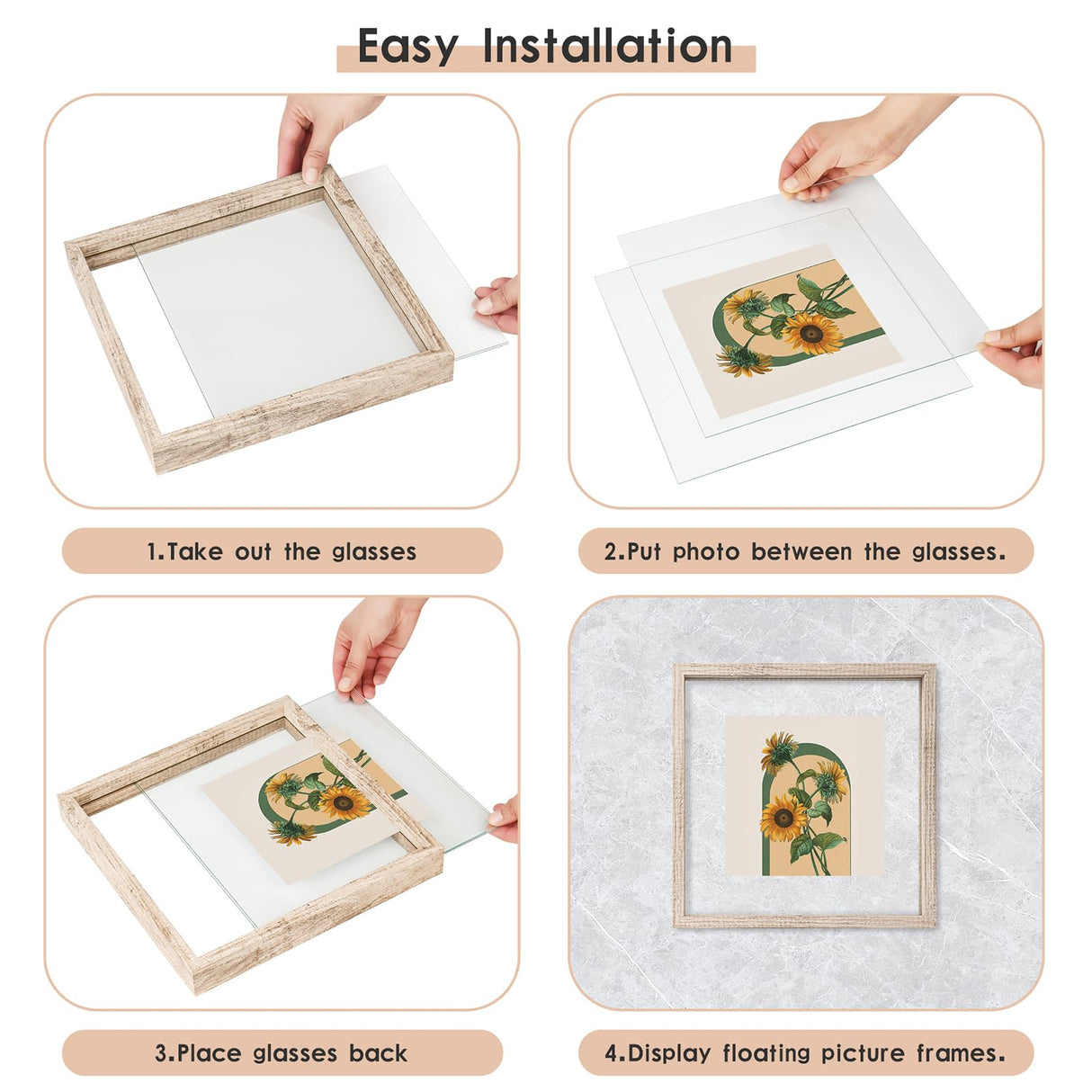 MUYE 10x10 Floating Frame Distressed Beige White Wood Pattern,Double Glass Square Picture Frame Display Any Size Photo up to 10x10,Wall Mount or Tabletop,2 Pack MUYE