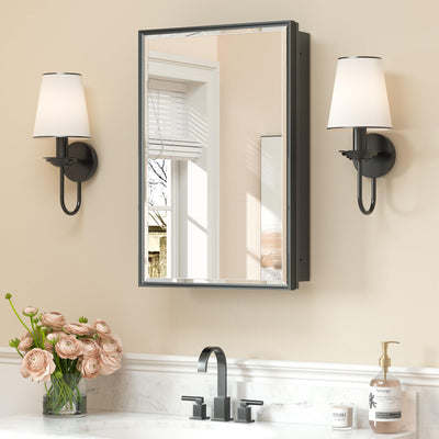Keonjinn 16" x 24" Black Medicine Cabinets for Bathroom with Mirror Recessed or Surface Wall-Mounted Aluminum Alloy Framed Beveled Mirror, Single Door Metal Bathroom Vanity Mirror with Storage Cabinet