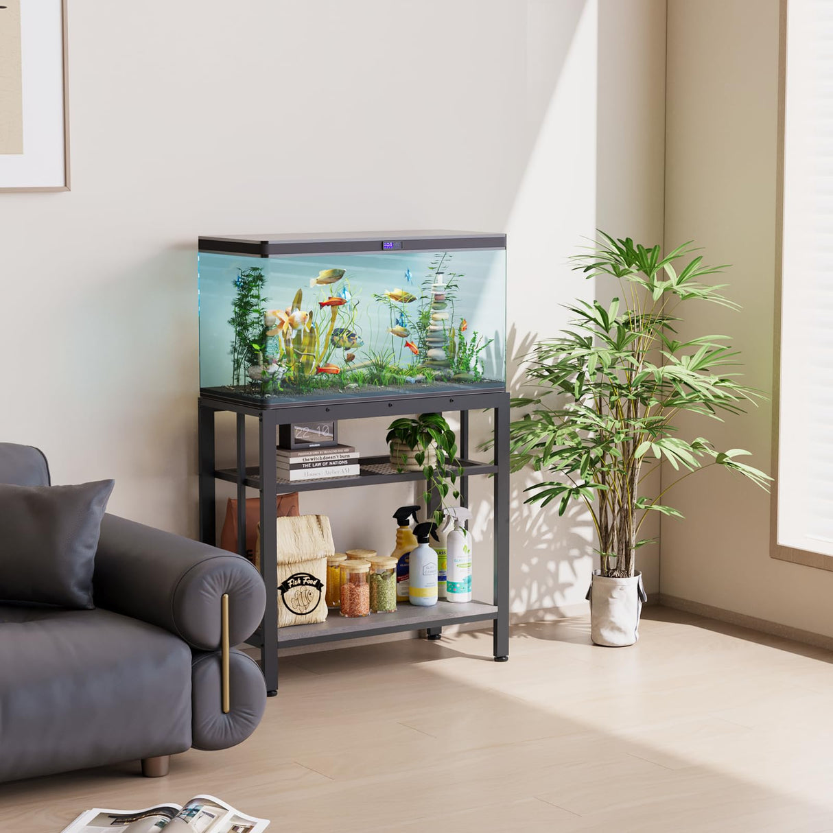 VOWNER 20-29 Gallon Fish Tank Stand - Metal Aquarium Stand, 30.7" L x 13.8" W x 29.5" H, Heavy Duty Reptile Tank Stand, Adjustable 3-Tier Fish Tank Rack Shelf for Home Office, 440LBS Capacity, Grey VOWNER