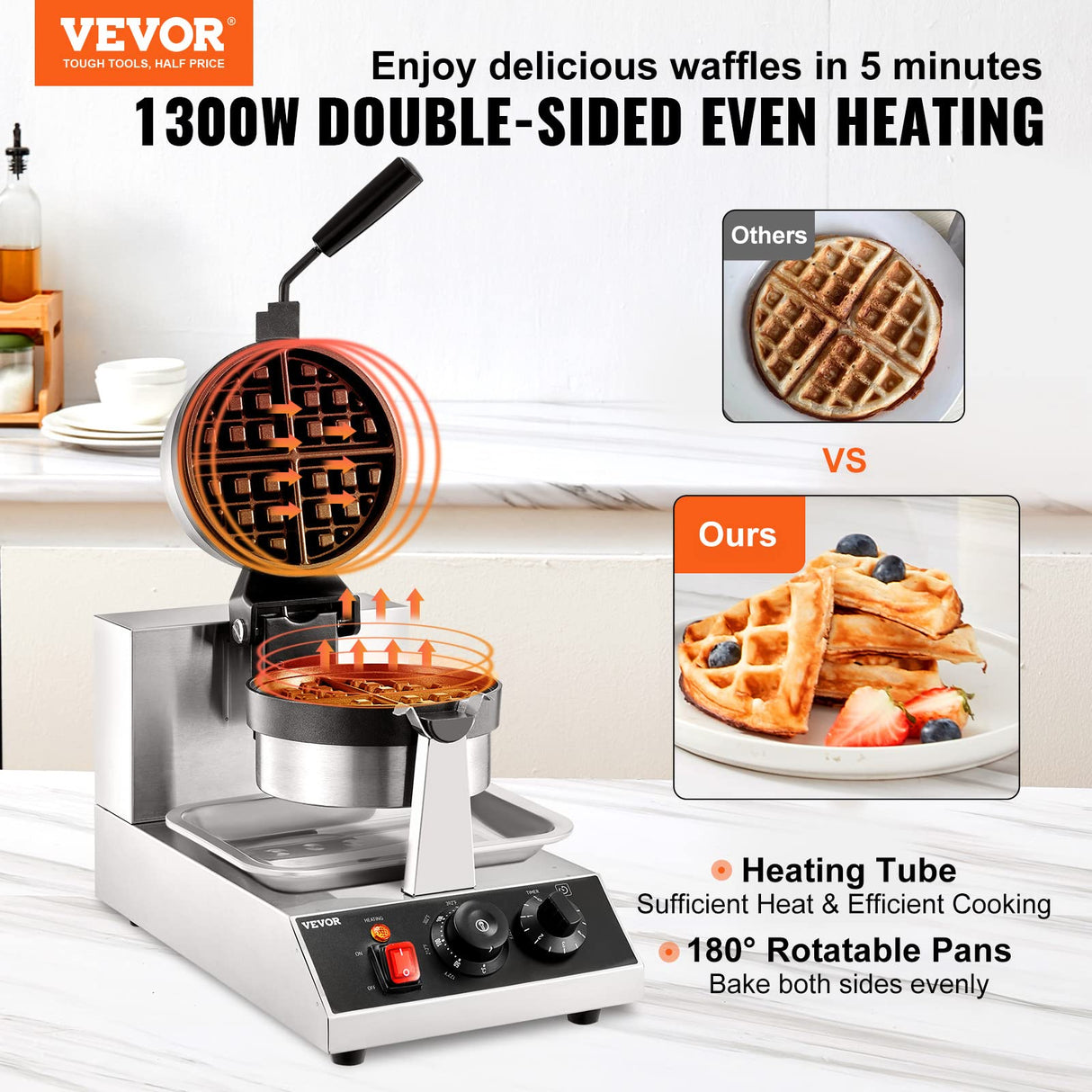 VEVOR Commercial Waffle Maker, 1300W Round Waffle Iron, Non-Stick Rotatable Waffle Baker Machine With 122-572℉ Temp Range and Time Control, Teflon-Coated Baking Pan Stainless Steel Body 120V VEVOR