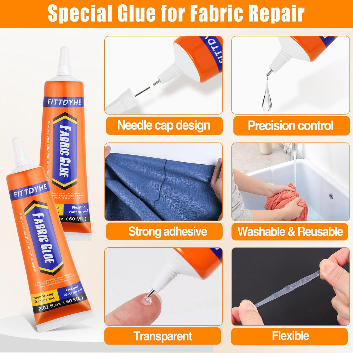 FITTDYHE Fabric Glue Permanent, 60 ML Washable Clear Clothing Glue, Super Fabric Glue for Rhinestones, Patches, Clothes, Denim, Leather, Polyester, Fabrics, Doll Repair, Flannel, Cotton FITTDYHE