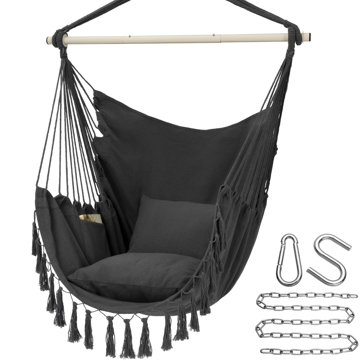 Y- STOP Hammock Chair Hanging Rope Swing, Max 500 Lbs, 2 Cushions Included, Large Macrame Hanging Chair with Pocket, Cotton Weave for Superior Comfort, Durability (Dark Grey) Y- STOP