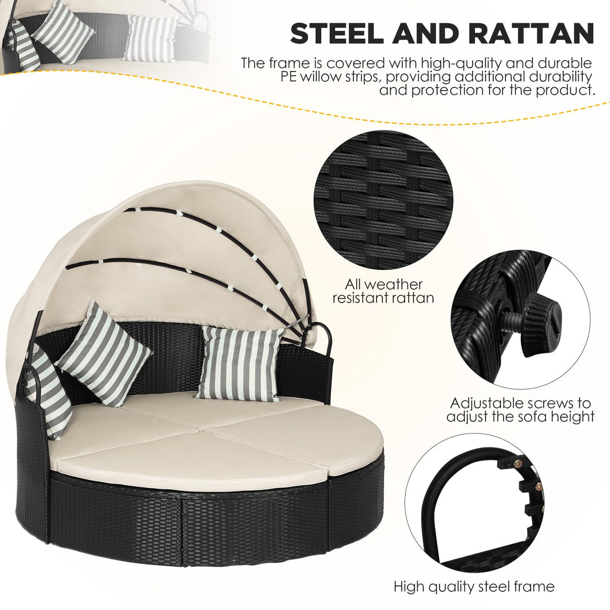 Outdoor Round Daybed Patio Bed Wicker Patio Furniture Outdoor Day Bed with Retractable Canopy Rattan Separated Seating Khaki Washable Cushioned and Three Pillow for Patio Backyard Porch Pool PayLessHere