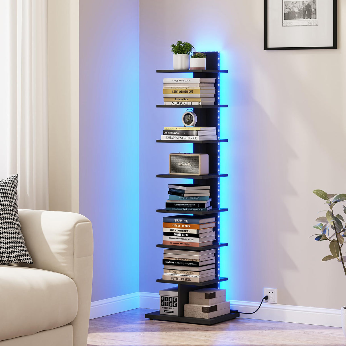 TUTOTAK Narrow Bookshelf, 8-Tier Bookcase with LED Lights, Spine Book Shelf for Small Space, Corner Standing Shelf for Living Room, Office, Study, Entryway, Black BS06BK008L TUTOTAK