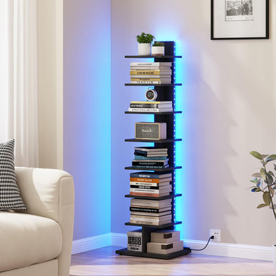 TUTOTAK Narrow Bookshelf, 8-Tier Bookcase with LED Lights, Spine Book Shelf for Small Space, Corner Standing Shelf for Living Room, Office, Study, Entryway, Black BS06BK008L