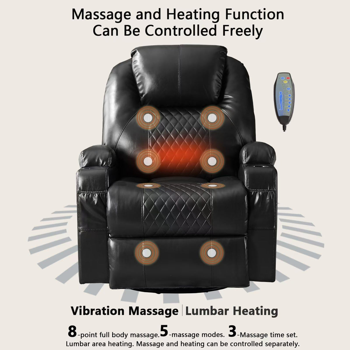 IBTKIG Power Swivel Rocker Recliner Chair with Massage and Heat/LED Lights/USB and Type-C Ports/Infinite Position/Cup Holder, Electric Glider Reclining Sofa for Nursery Living Room (2, Black) IBTKIG