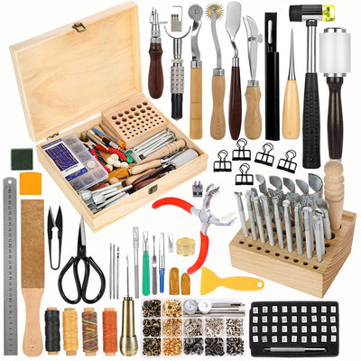 424 Pcs Leather Working Tools Leather Tools and Supplies with Instructions, Sewing Kit, Tool Holder, Wooden Storage Box, Stamping Set