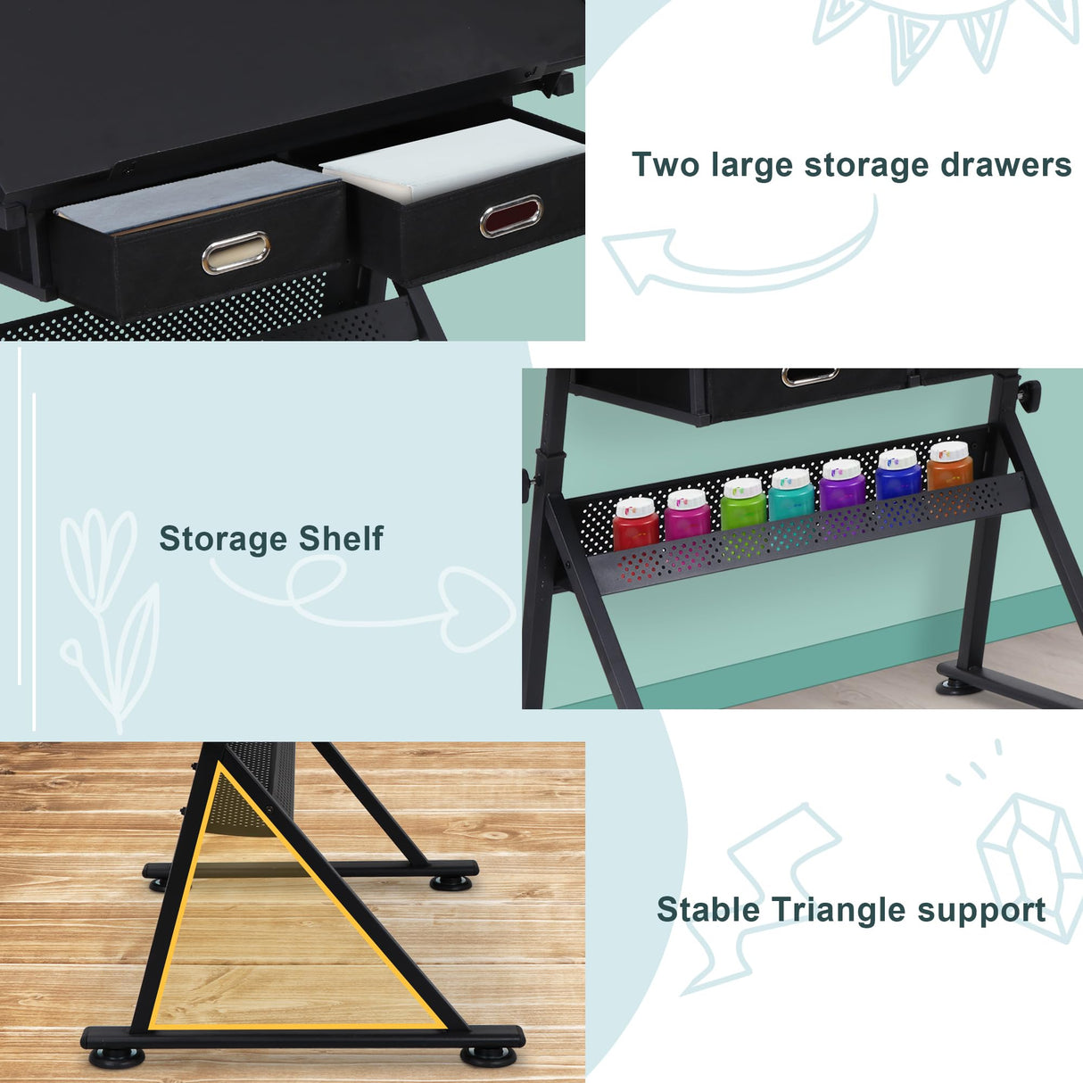 ZENY Adjustable Drafting Table with Stool, Tilting Drawing Desk Artist Table with Storage Drawers, Art Craft Workstation for Home Office Reading, Writing, Crafting ZENY