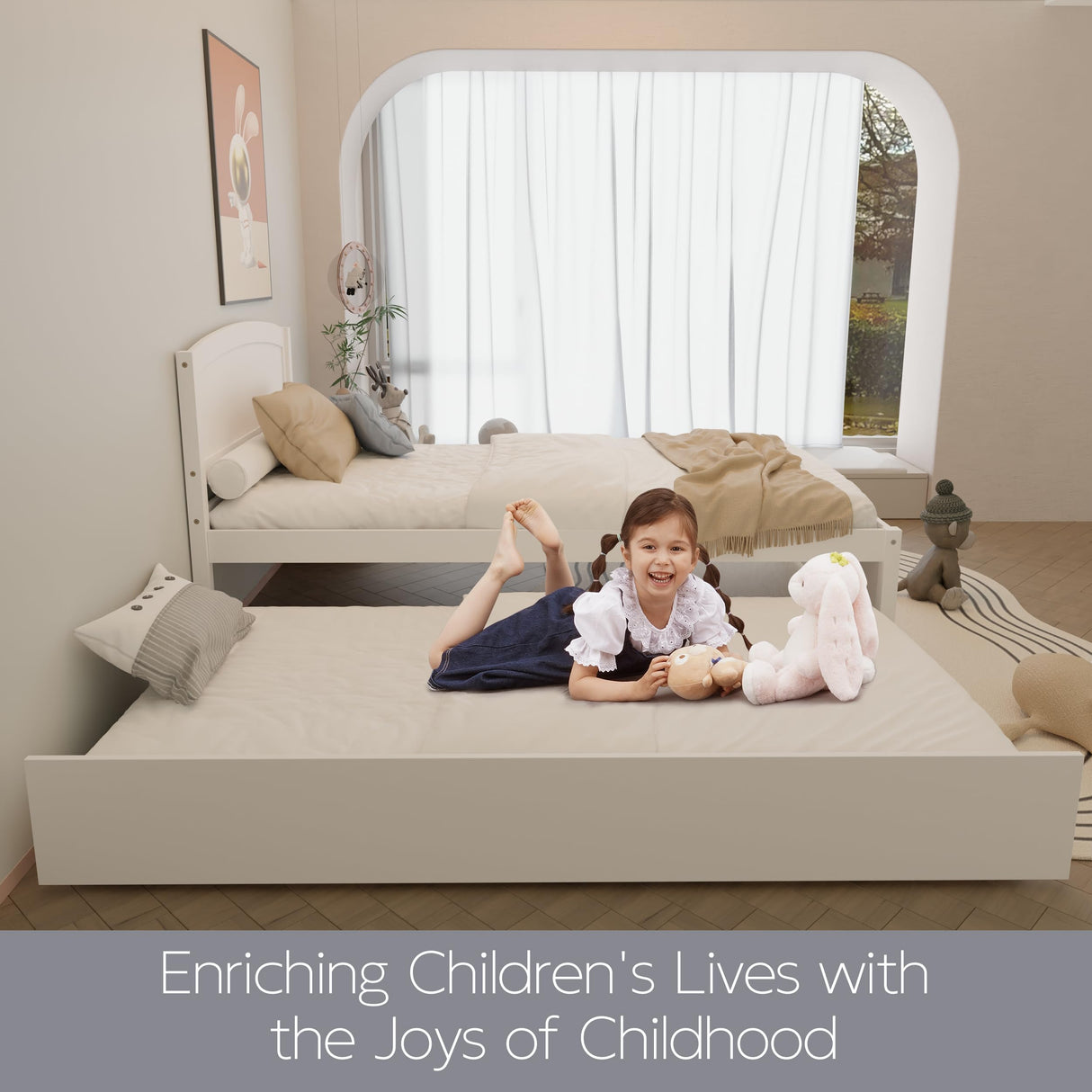 Xilingol Trundle Bed Twin, Solid Wood Bed Frames with Headboard and Wooden Slats Support, Twin Trundle Bed Frame Roll Out, Single Box (No Box Spring Needed), White Xilingol