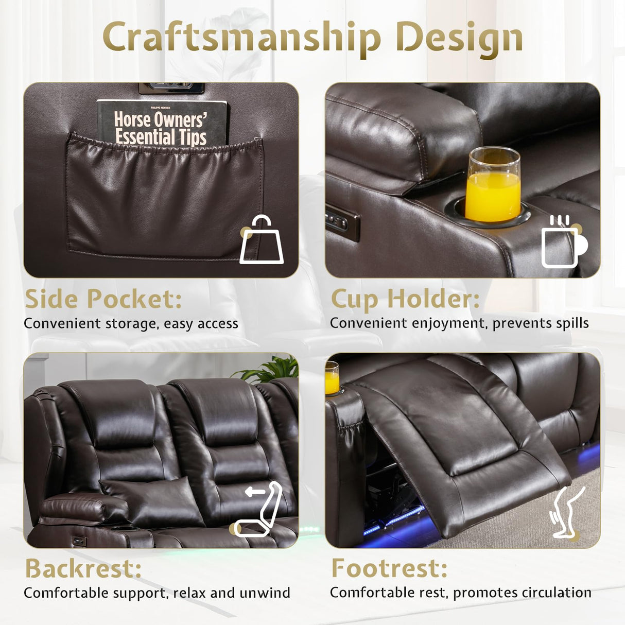 SAMERY Power Loveseat Recliner Sofa with Adjustable Split Back, Multi-Port Charger, Flip-Up Backrest & LED Lighting - Home Theater Seating with Storage, Cup Holders, Brown Faux Leather Loveseat SAMERY