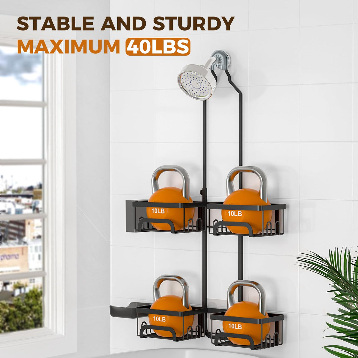 REINHARDT Shower Caddy Hanging for Handheld Showerheads Adjustable Split Shower Caddy, Rustproof Shower Organizer with Hooks for Razors Over the Head Caddy with Soap Holder Bathroom Accessories, Black REINHARDT