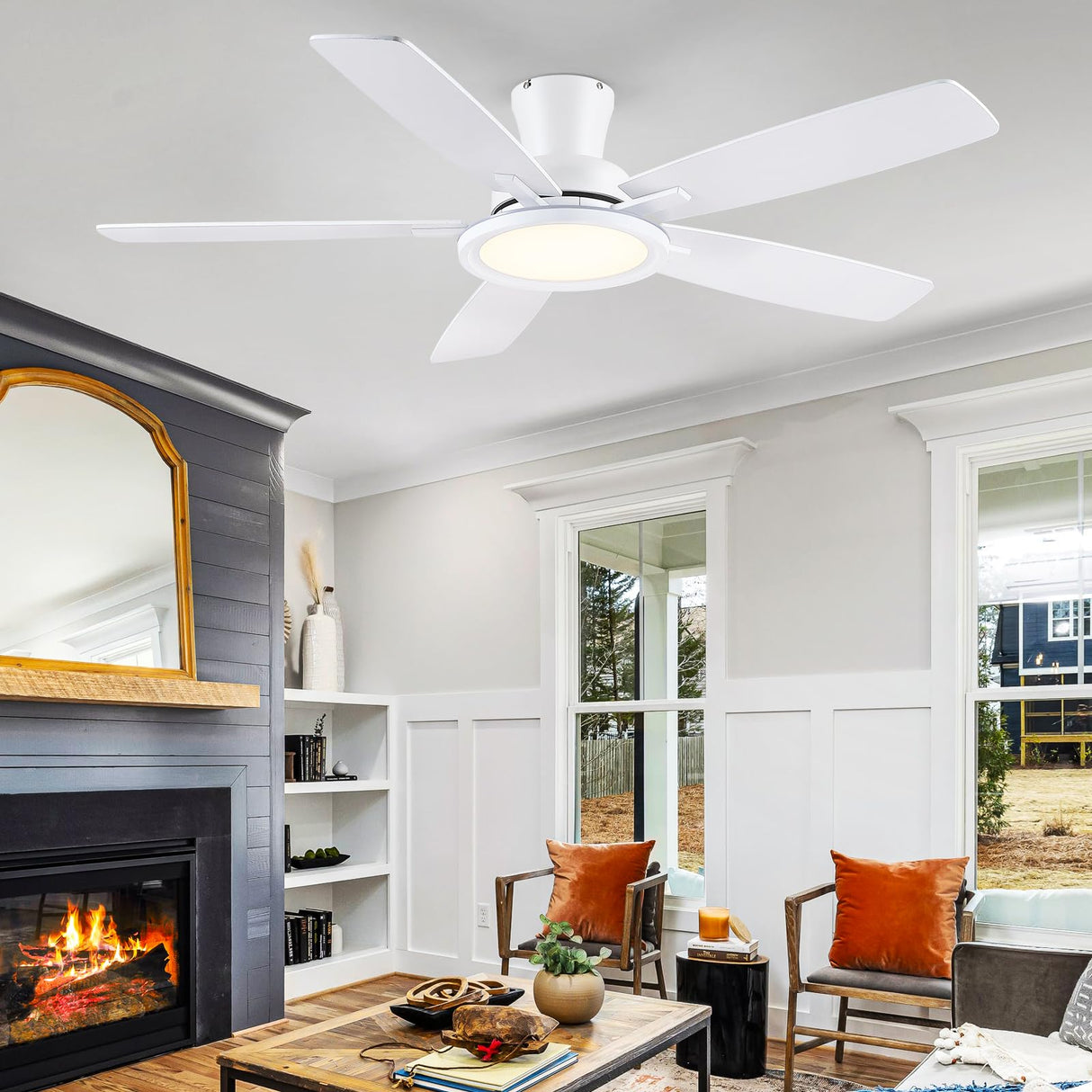 BYKISTOK Flush Mount RGB Ceiling Fan with RGB Light - 52In White Ceiling Fan Light with Reversible Mute Motor, 3CCT LED Dimmable, Low Profile Modern Ceiling Fans for Indoor, Party, Living Room BYKISTOK