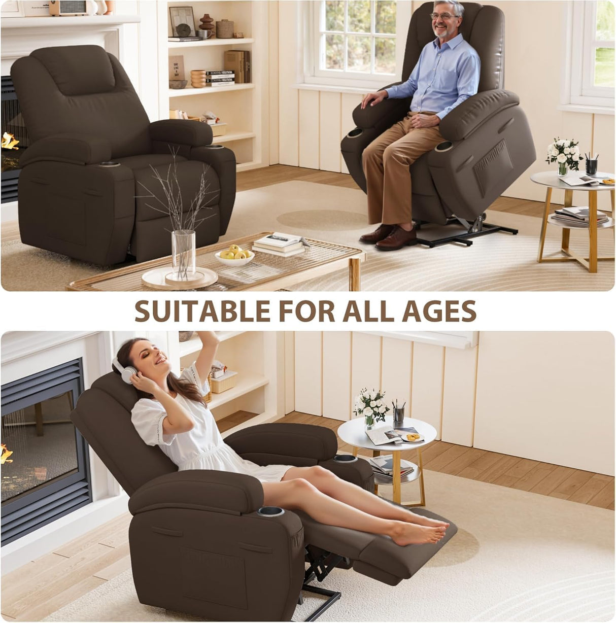 Flamaker Power Lift Chair Massage Recliner Chairs for Elderly - Ergonomic Design with Cup Holders & Side Pockets, Remote Control (Brown) Flamaker