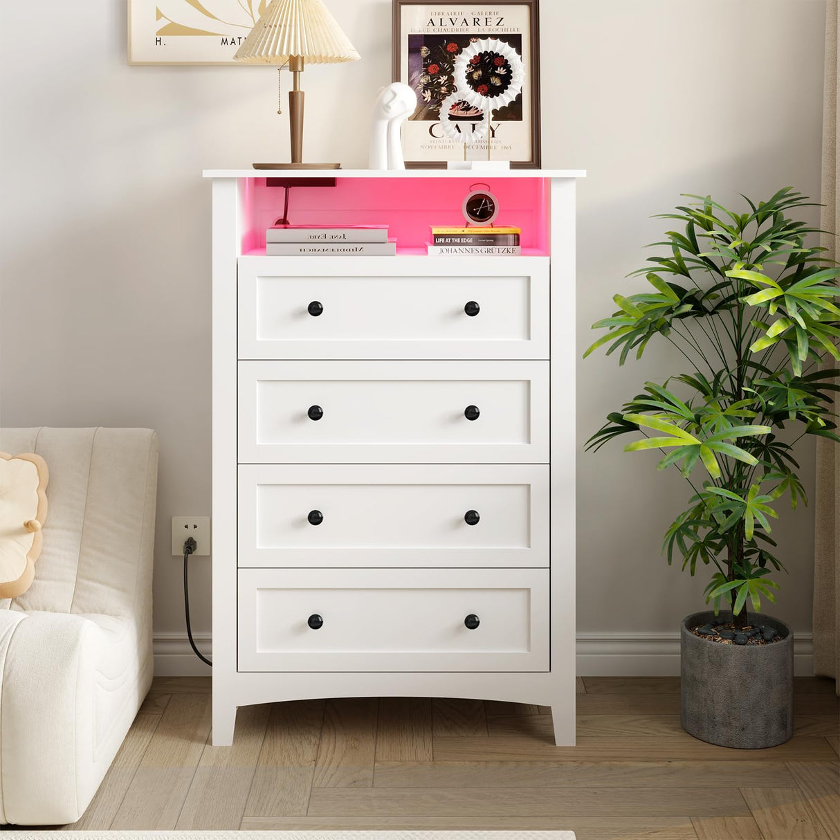 HAIOOU 4 Drawer Dresser with Open Storage Shelf, 47.4" Tall Chest of Drawers Vertical Wooden Clothing Organizer with Power Outlets and Ambiance Light for Bedroom, Closet, Hallway - Modern White HAIOOU