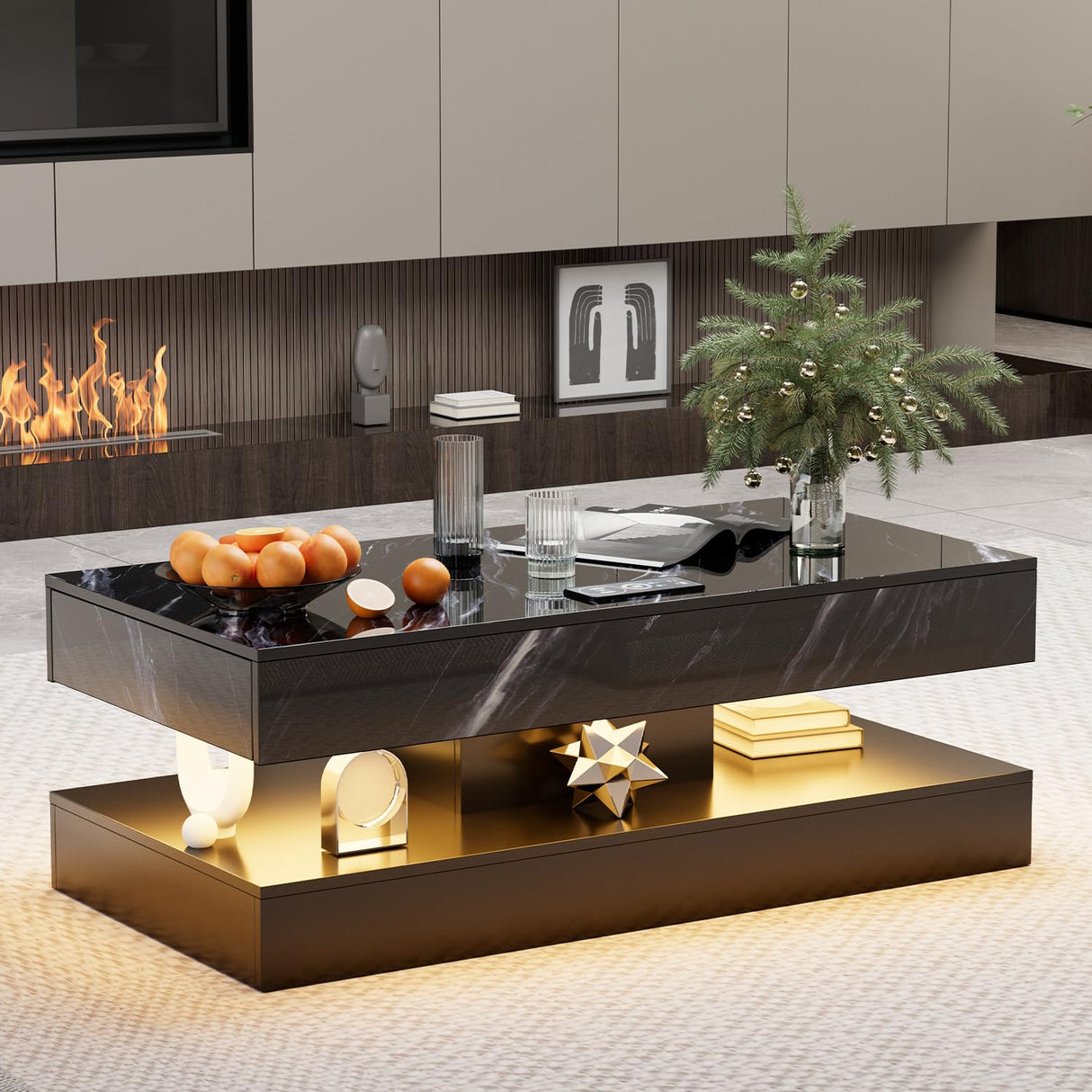 EROMMY 47.2" Modern High Glossy Coffee Table with Double-Layer Design, LED Coffee Table with 2 Sliding Drawers, Living Room Tables with Wireless Charging, 24 Colors LED Lights, APP Control, Black EROMMY