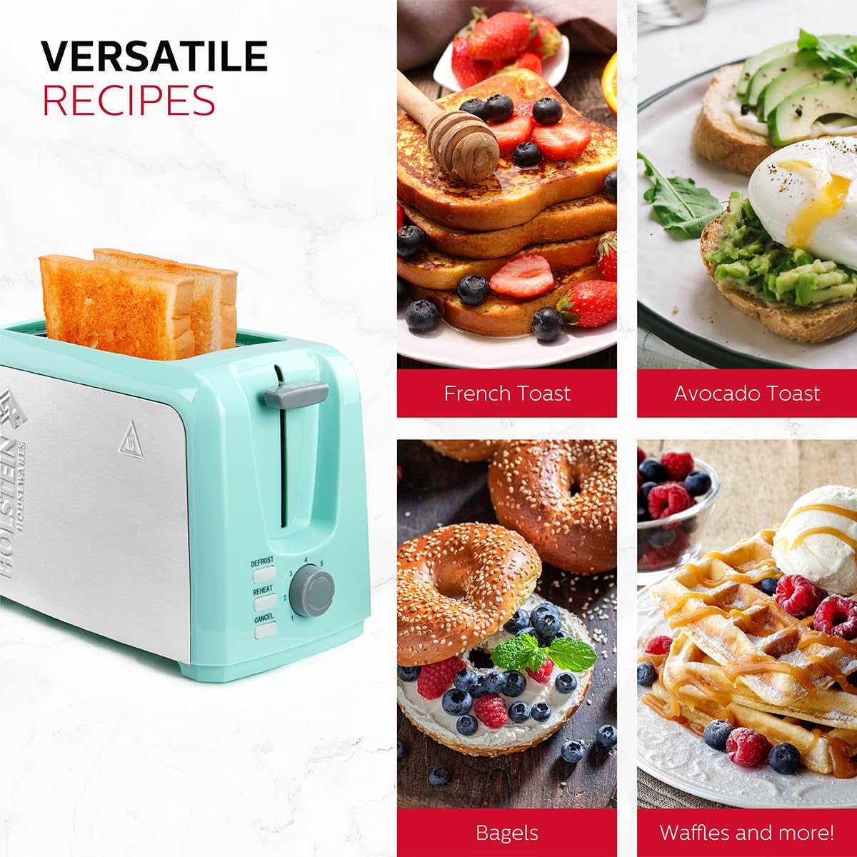 Holstein Housewares - 2-Slice Toaster with 7 Browning Control Settings, Mint/Stainless Steel - Great to Toast Bread, Bagels and Waffles Holstein Housewares