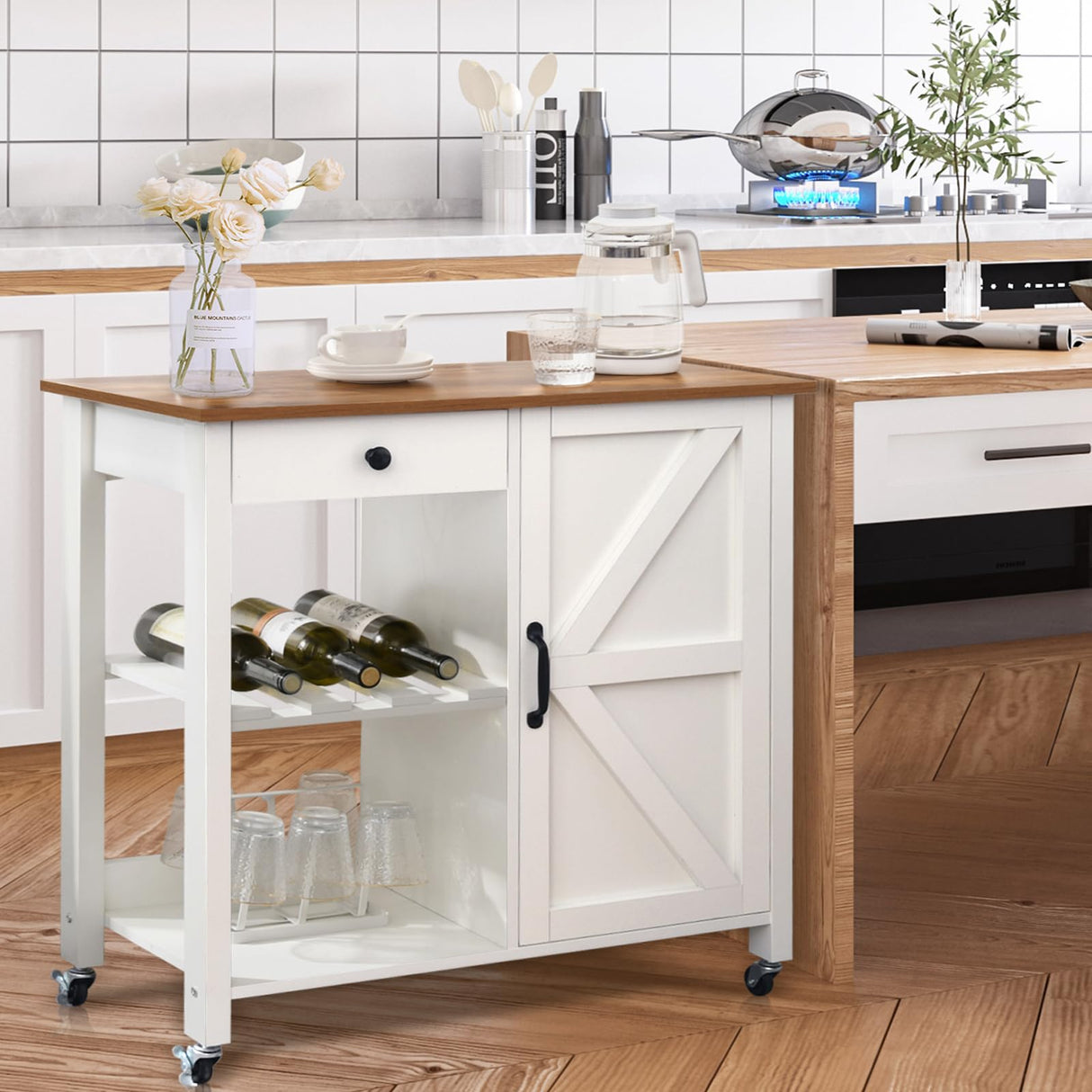 4 EVER WINNER Kitchen Island Cart, Farmhouse Kitchen Island with Drawer Wine Rack, Kitchen Cart Microwave Cart with Storage, Adjustable Shelf Island Table for Kitchen, Living Dining Room, White 4 EVER WINNER
