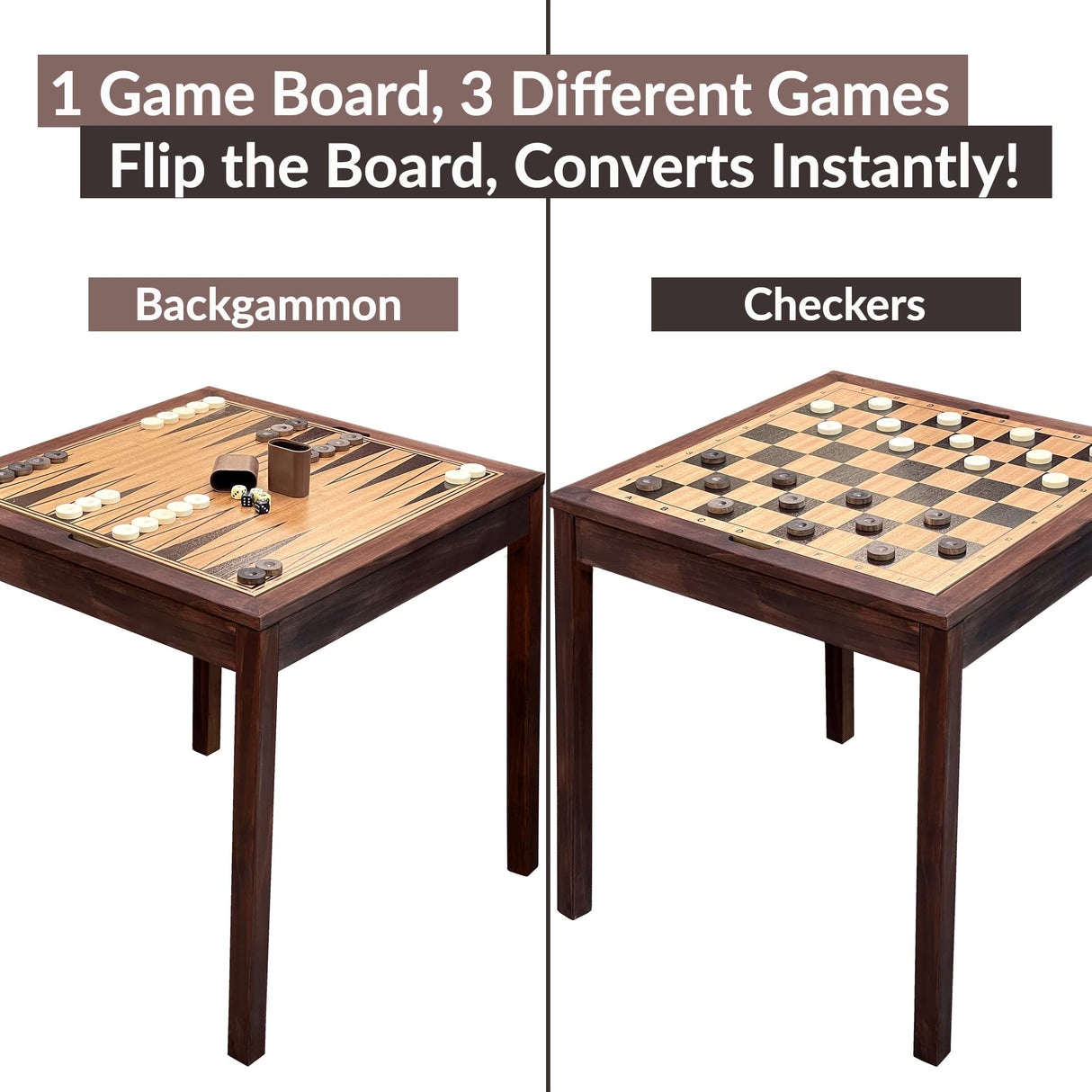 Sterling Games Wooden Chess Table | Chess, Checkers and Backgammon 3 in 1 Combo Game Table Furniture Set, 25" x 25", 4" King STERLING