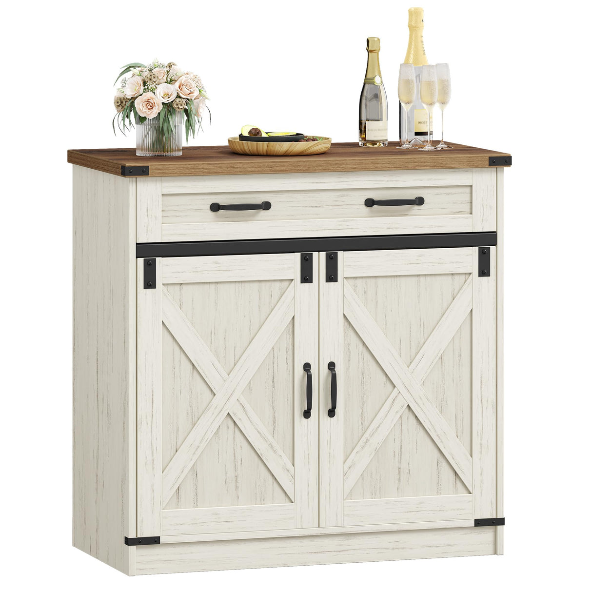 Hzuaneri Kitchen Storage Cabinet, Buffet Cabinet with Storage, Modern Farmhouse Sideboard Cabinets with Drawer, 31.5" Coffee Bar Cabinets with Doors & Adjustable Shelves, for Kitchen, White Brown Hzuaneri